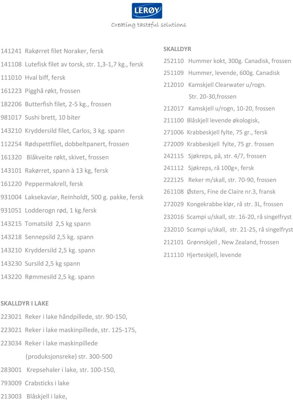 spann 112254 Rødspettfilet, dobbeltpanert, frossen 161320 Blåkveite røkt, skivet, frossen 143101 Rakørret, spann à 13 kg, fersk 161220 Peppermakrell, fersk 931004 Laksekaviar, Reinholdt, 500 g.