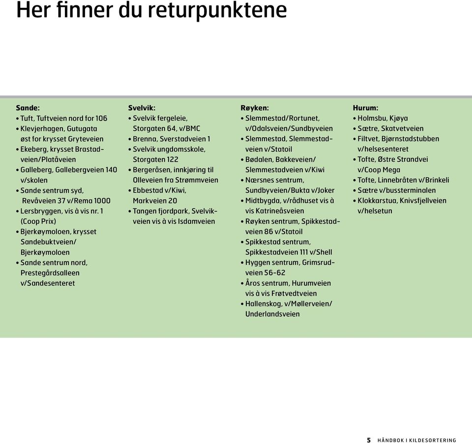 1 (Coop Prix) Bjerkøymoloen, krysset Sandebuktveien/ Bjerkøymoloen Sande sentrum nord, Prestegårdsalleen v/sandesenteret Svelvik: Svelvik fergeleie, Storgaten 64, v/bmc Brenna, Sverstadveien 1