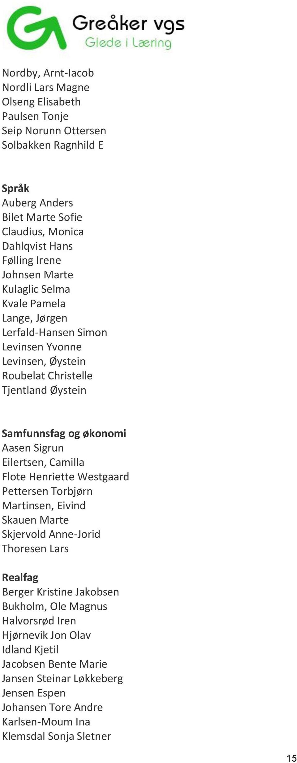 økonomi Aasen Sigrun Eilertsen, Camilla Flote Henriette Westgaard Pettersen Torbjørn Martinsen, Eivind Skauen Marte Skjervold Anne-Jorid Thoresen Lars Realfag Berger Kristine