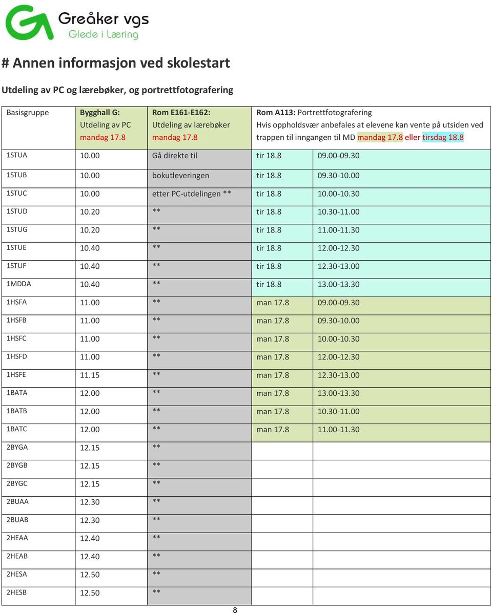 00-09.30 1STUB 10.00 bokutleveringen tir 18.8 09.30-10.00 1STUC 10.00 etter PC-utdelingen ** tir 18.8 10.00-10.30 1STUD 10.20 ** tir 18.8 10.30-11.00 1STUG 10.20 ** tir 18.8 11.00-11.30 1STUE 10.