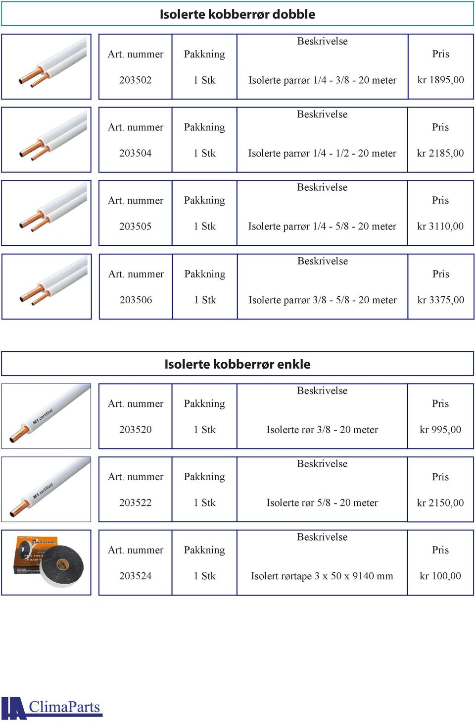 Isolerte parrør 3/8-5/8-20 meter kr 3375,00 Isolerte kobberrør enkle 203520 Isolerte rør 3/8-20