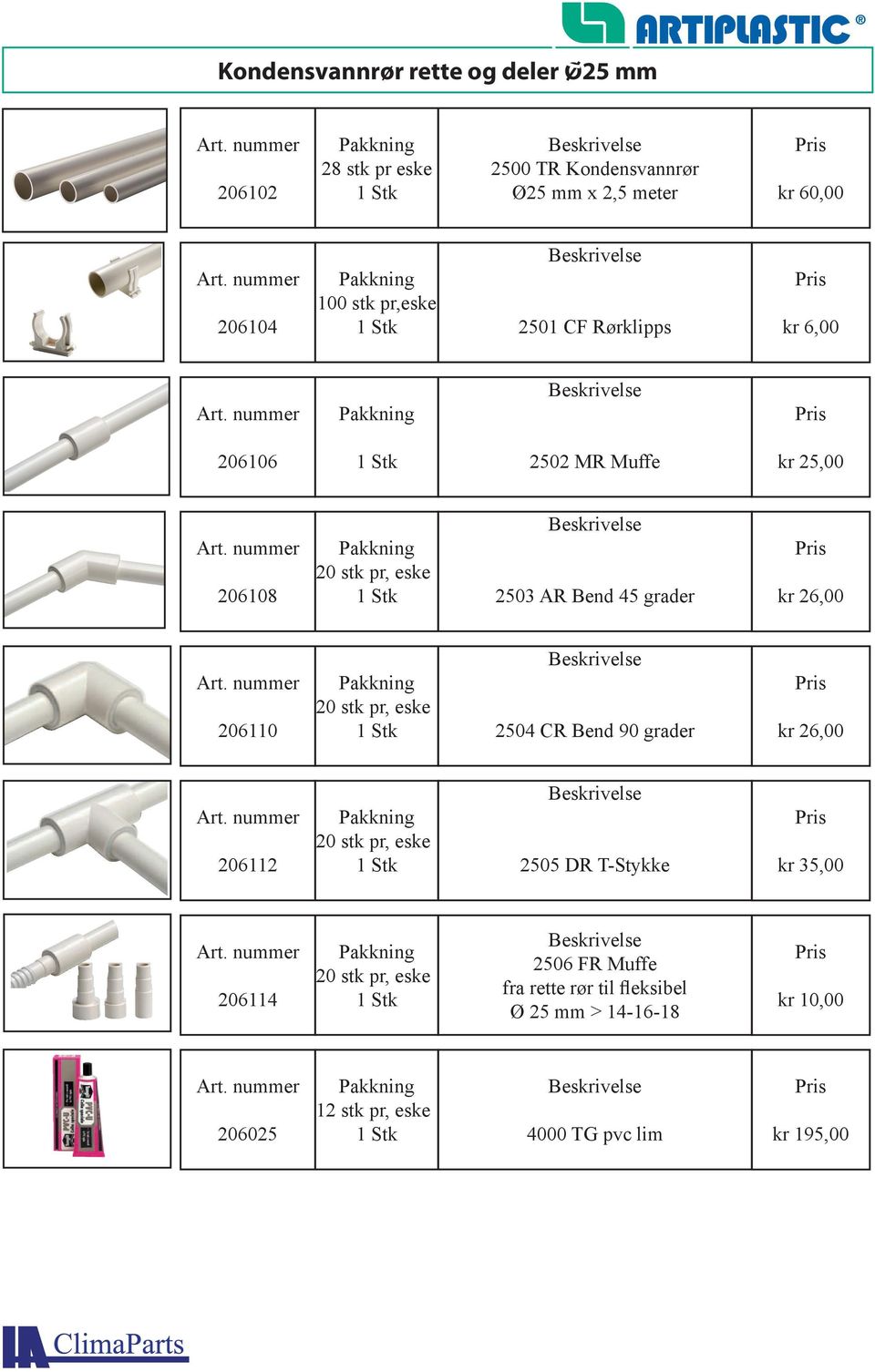 206110 20 stk pr, eske 2504 CR Bend 90 grader kr 26,00 206112 20 stk pr, eske 2505 DR T-Stykke kr 35,00 206114 20 stk pr,