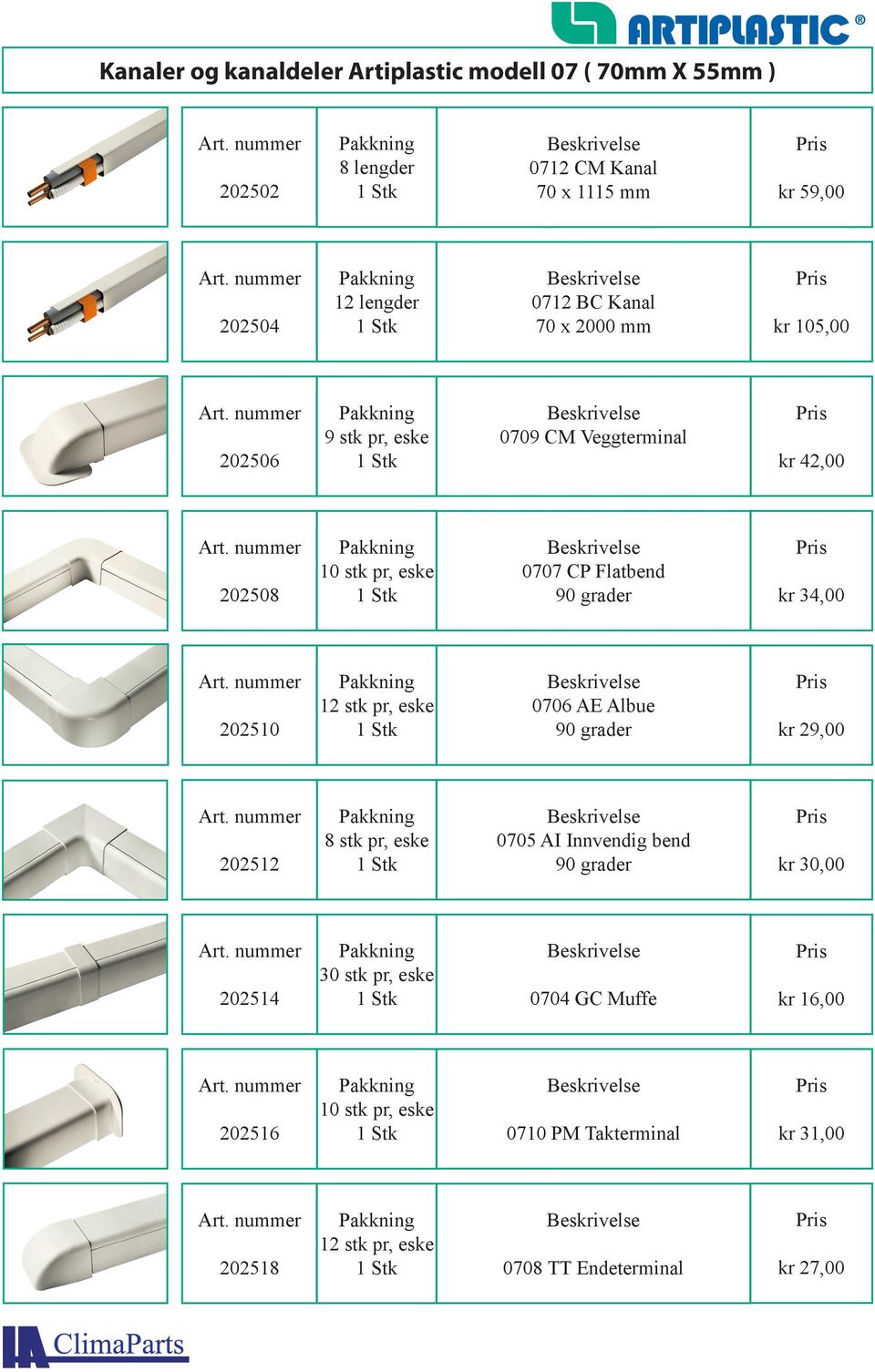 34,00 202510 12 stk pr, eske 0706 AE Albue 90 grader kr 29,00 202512 8 stk pr, eske 0705 AI Innvendig bend 90 grader kr 30,00 202514 30