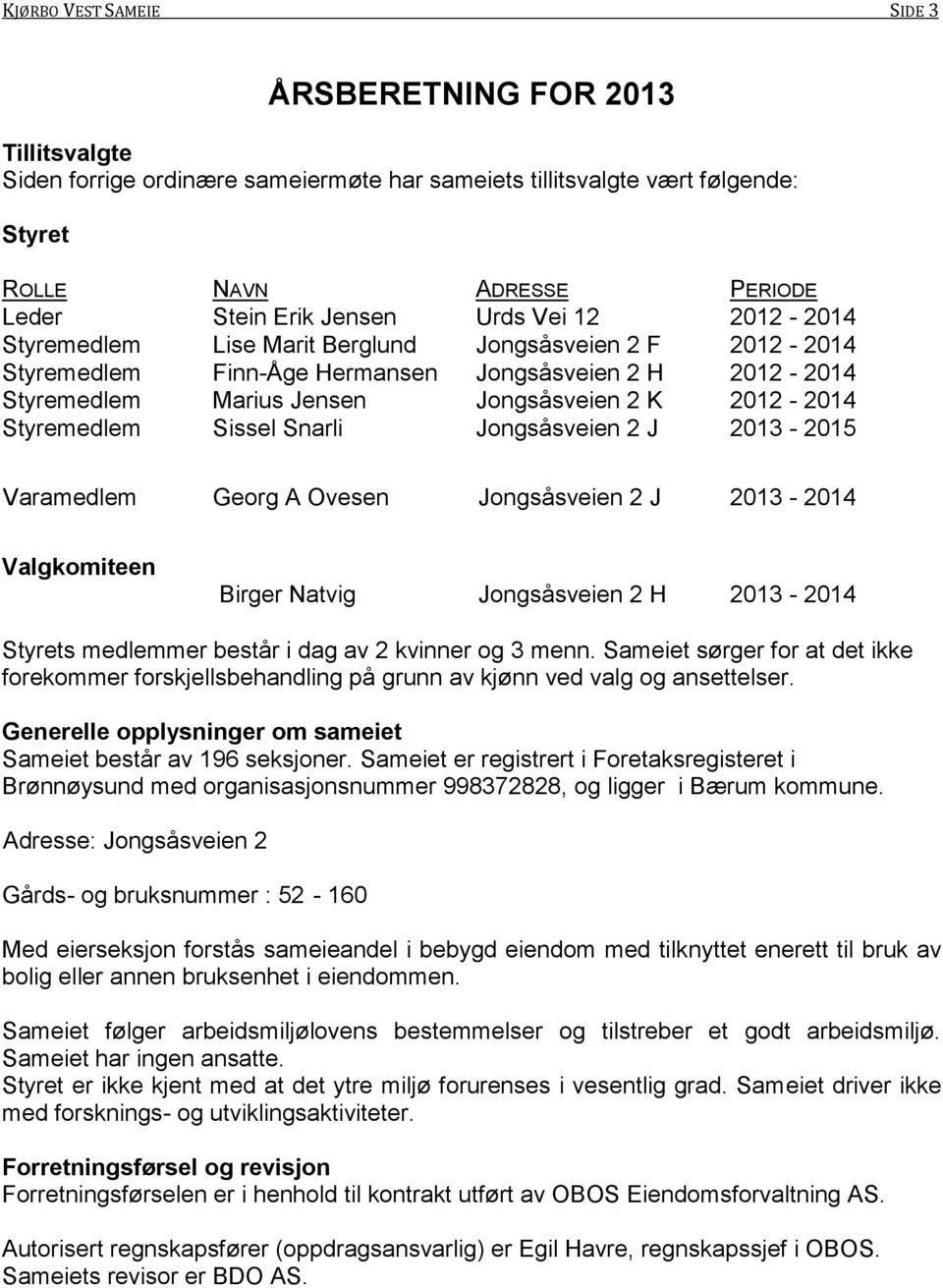 Jongsåsveien 2 J 2013-2015 Varamedlem Georg A Ovesen Jongsåsveien 2 J 2013-2014 Valgkomiteen Birger Natvig Jongsåsveien 2 H 2013-2014 Styrets medlemmer består i dag av 2 kvinner og 3 menn.