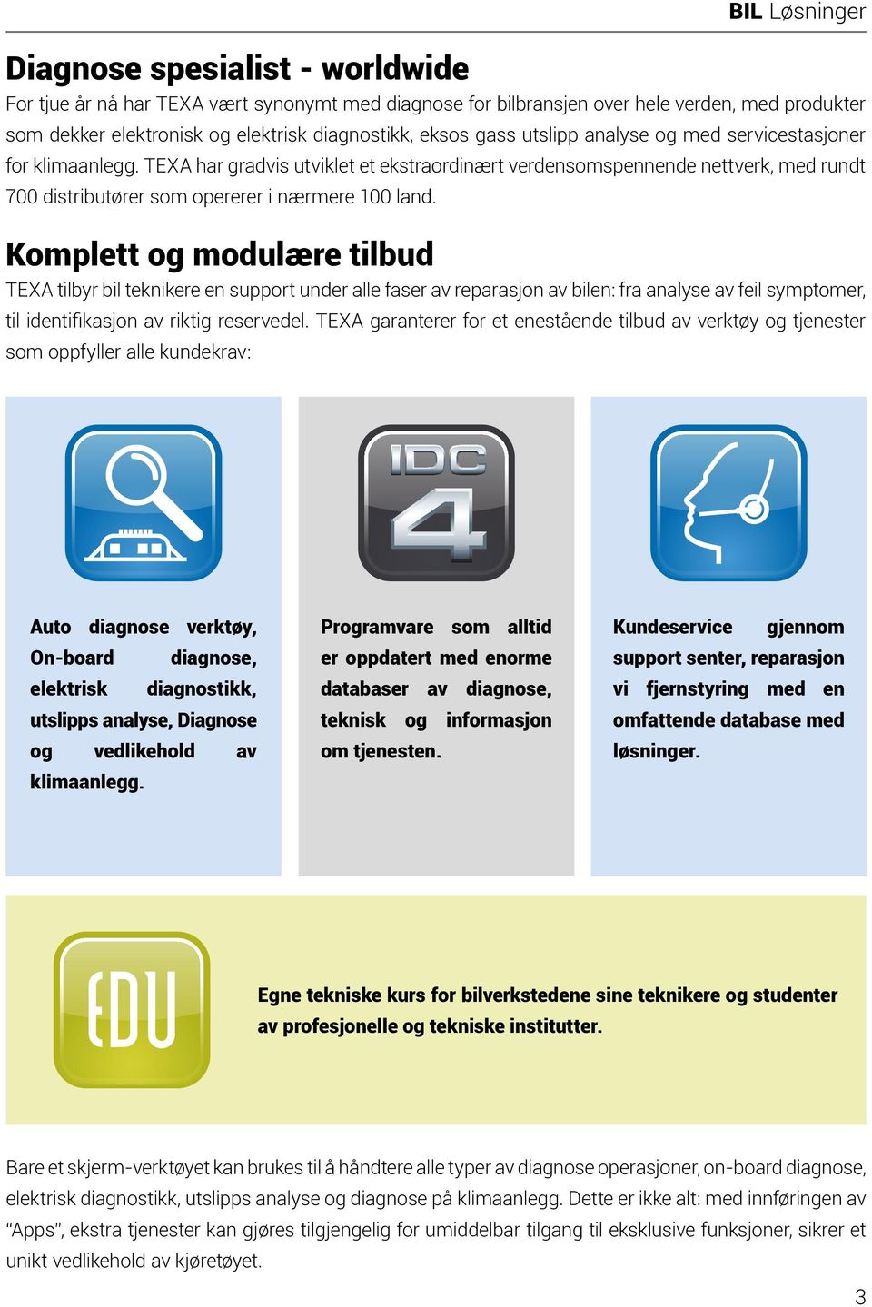 Komplett og modulære tilbud TEXA tilbyr bil teknikere en support under alle faser av reparasjon av bilen: fra analyse av feil symptomer, til identifikasjon av riktig reservedel.