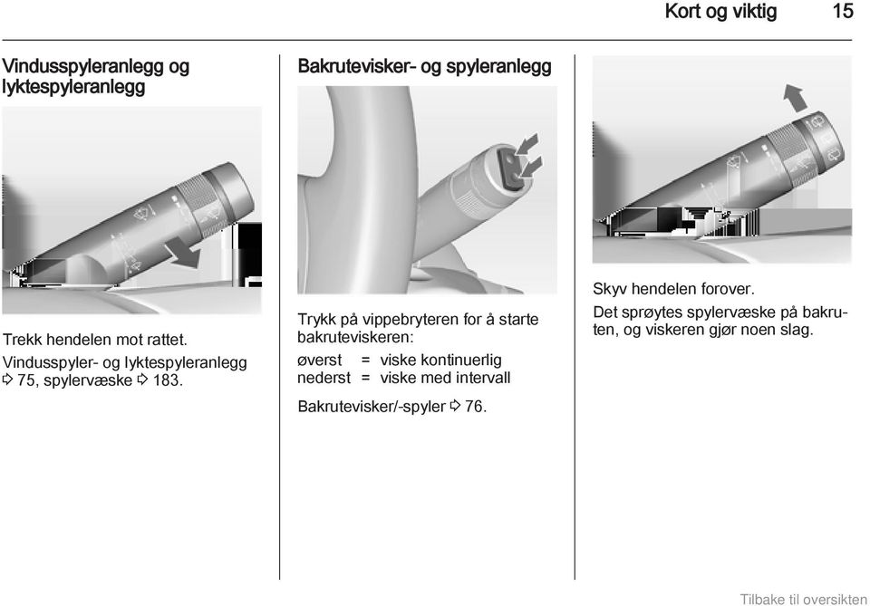 Trykk på vippebryteren for å starte bakruteviskeren: øverst = viske kontinuerlig nederst = viske med