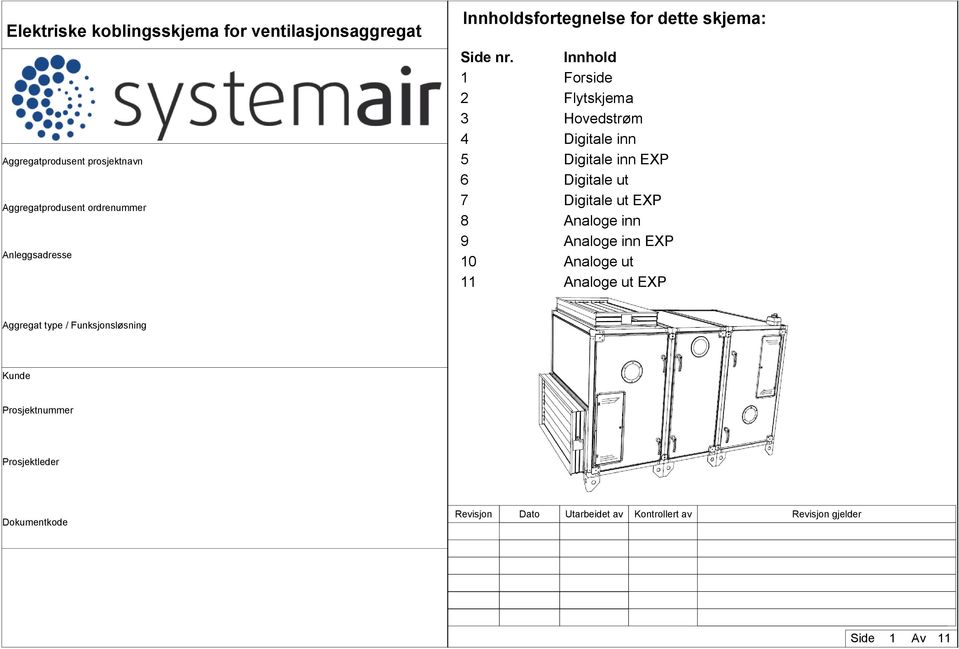 Innhold Forside Flytskjema Hovedstrøm Digitale inn 5 Digitale inn EX 6 Digitale ut 7 Digitale ut EX 8 Analoge inn 9