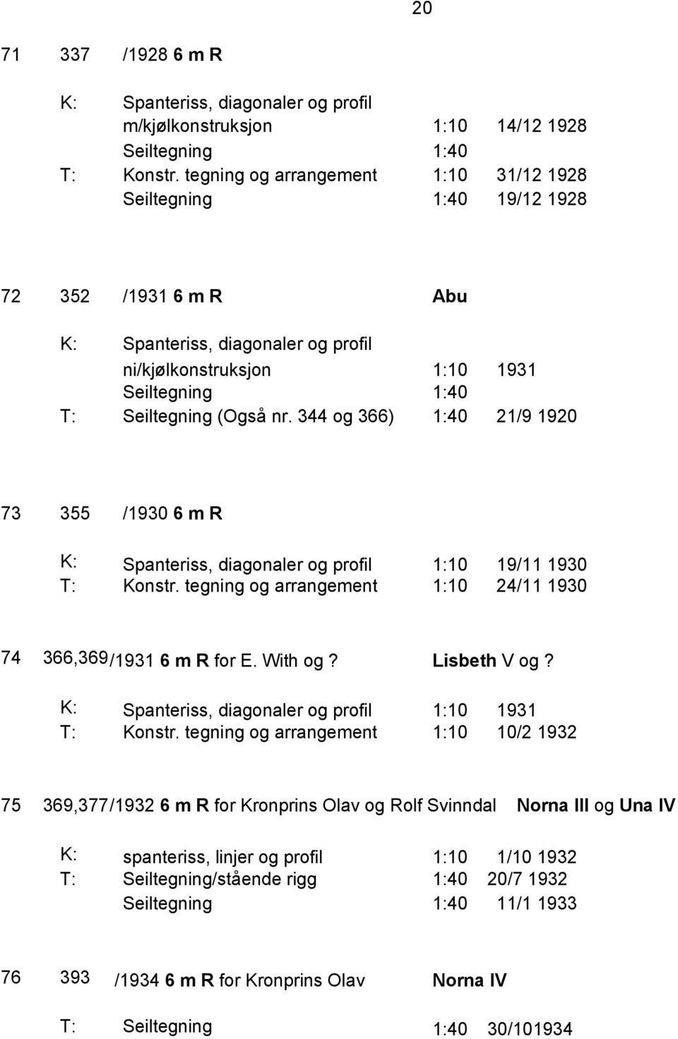 344 og 366) 1:40 21/9 1920 73 355 /1930 6 m R 1:10 19/11 1930 T: Konstr. tegning og arrangement 1:10 24/11 1930 74 366,369 /1931 6 m R for E. With og? Lisbeth V og? 1:10 1931 T: Konstr.