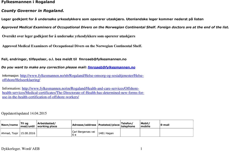 Oversikt over leger godkjent for å undersøke yrkesdykkere som opererer utaskjærs Approved Medical Examiners of Occupational Divers on the Norwegian Continental Shelf. Feil, endringer, tilføyelser, o.