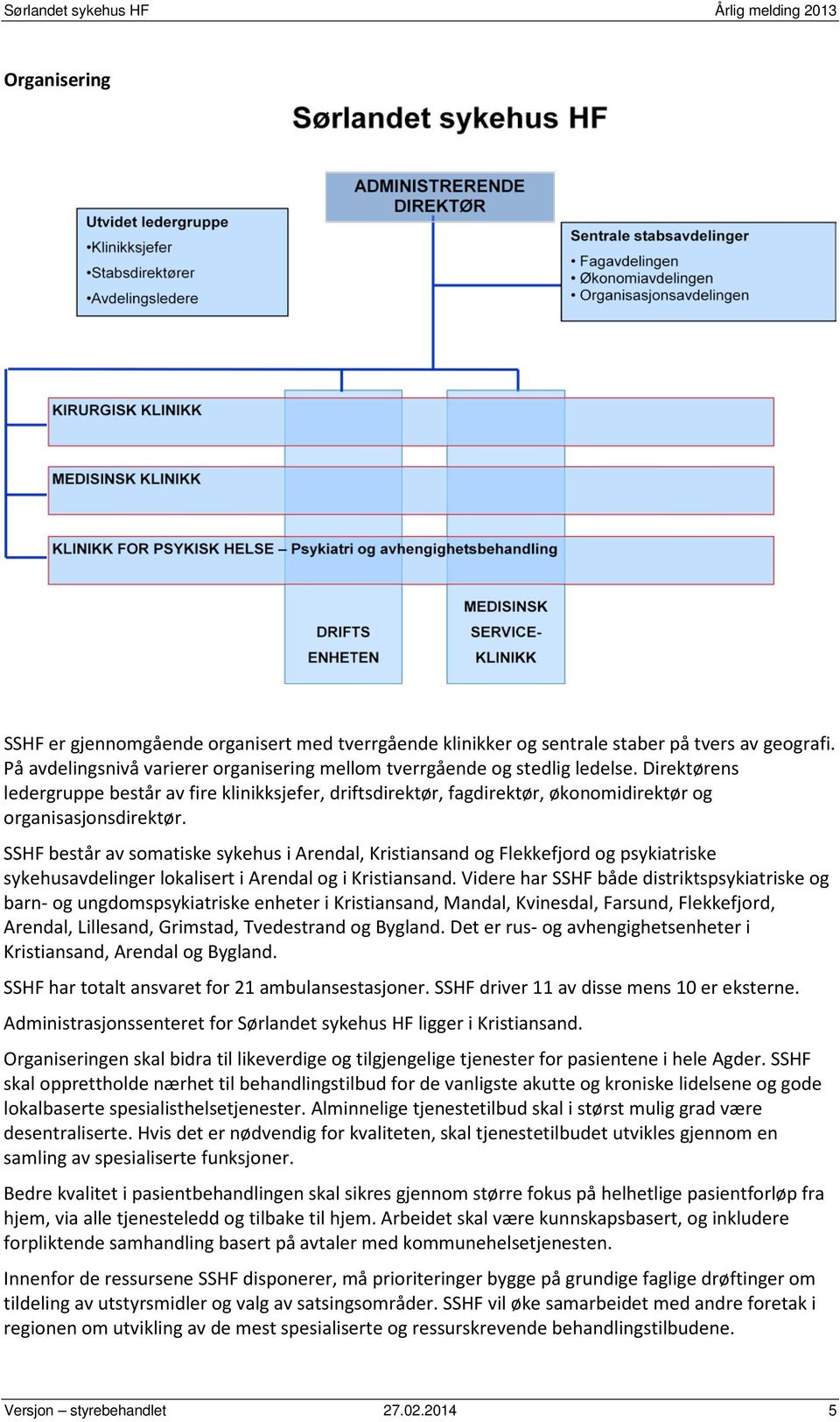 SSHF består av somatiske sykehus i Arendal, Kristiansand og Flekkefjord og psykiatriske sykehusavdelinger lokalisert i Arendal og i Kristiansand.