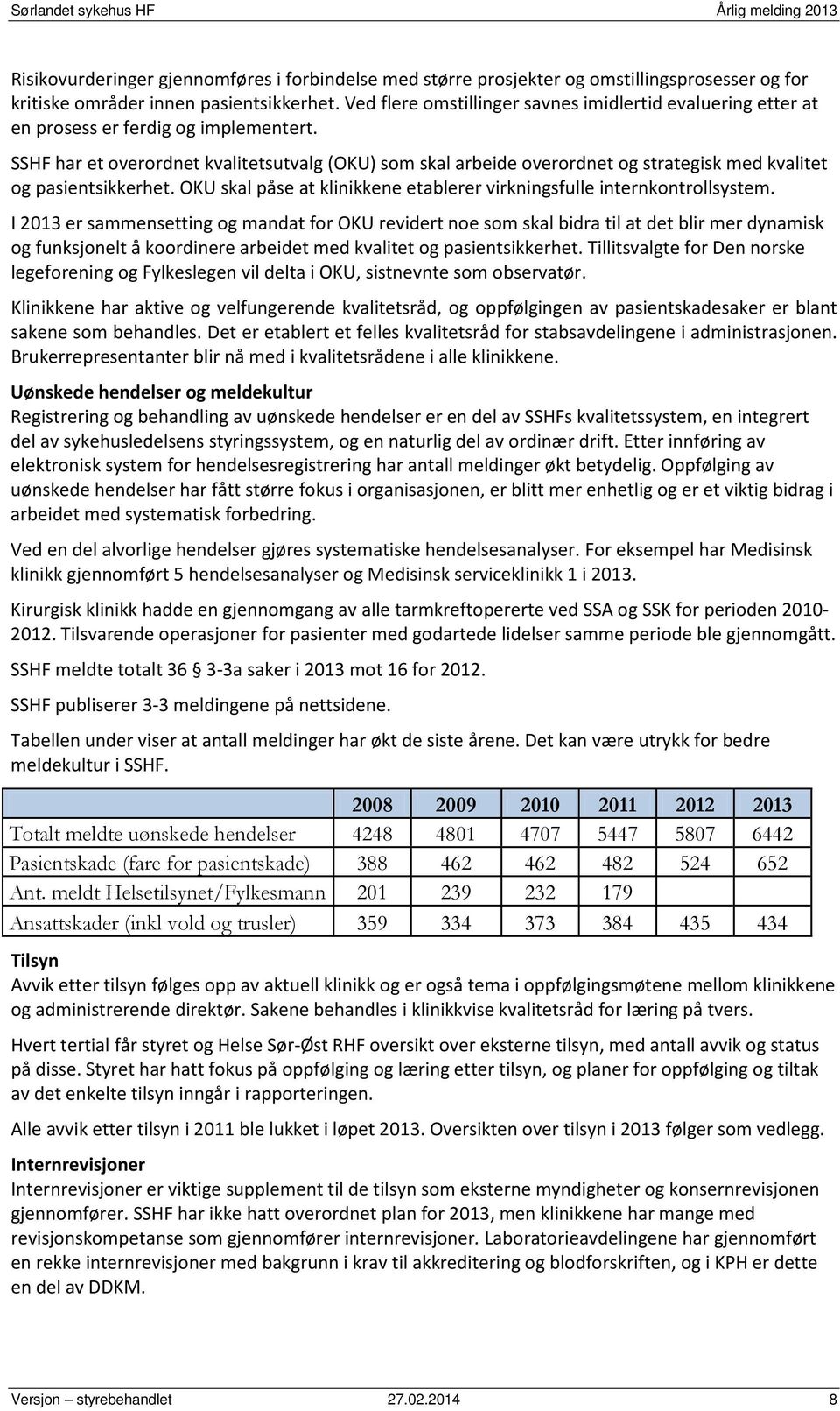 SSHF har et overordnet kvalitetsutvalg (OKU) som skal arbeide overordnet og strategisk med kvalitet og pasientsikkerhet. OKU skal påse at klinikkene etablerer virkningsfulle internkontrollsystem.