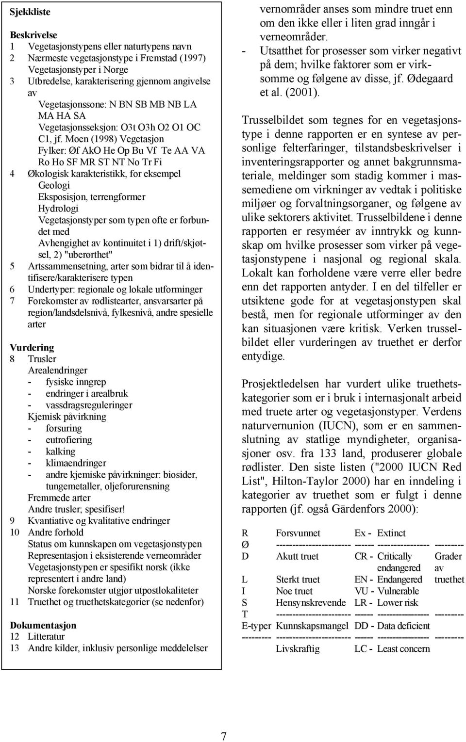 Moen (1998) Vegetasjon Fylker: Øf AkO He Op Bu Vf Te AA VA Ro Ho SF MR ST NT No Tr Fi 4 Økologisk karakteristikk, for eksempel Geologi Eksposisjon, terrengformer Hydrologi Vegetasjonstyper som typen