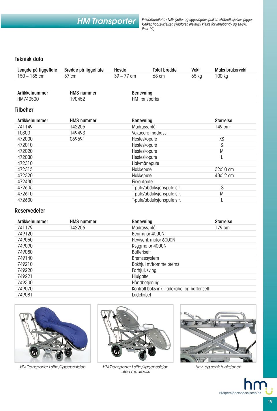 Tilbehør Artikkelnummer HMS nummer Benevning Størrelse 741149 142205 Madrass, blå 149 cm 10300 149493 Vakucare madrass 472000 069591 Hesteskopute XS 472010 Hesteskopute S 472020 Hesteskopute M 472030