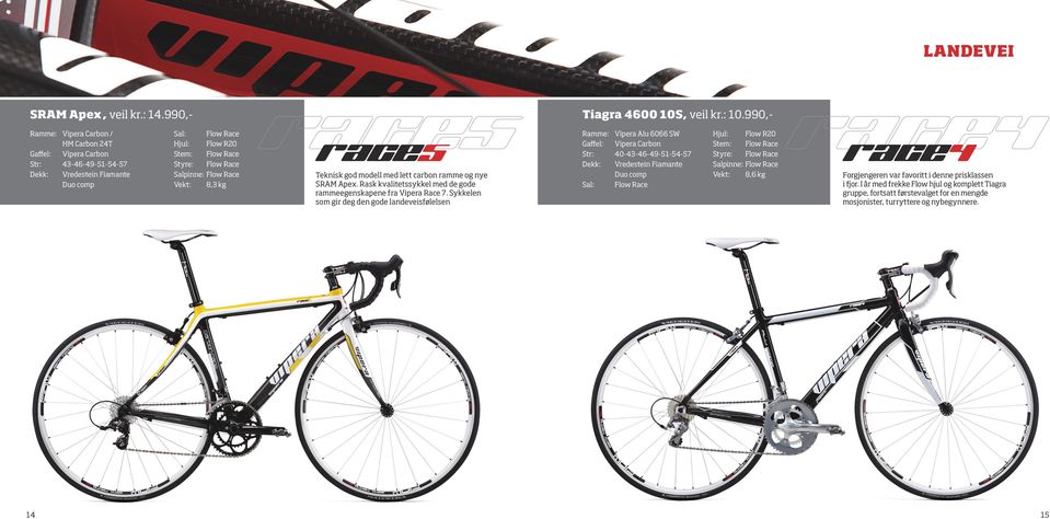 Flow Race Vekt: 8,3 kg RACE5 Teknisk god modell med lett carbon ramme og nye SRAM Apex. Rask kvalitetssykkel med de gode rammeegenskapene fra Vipera Race 7.