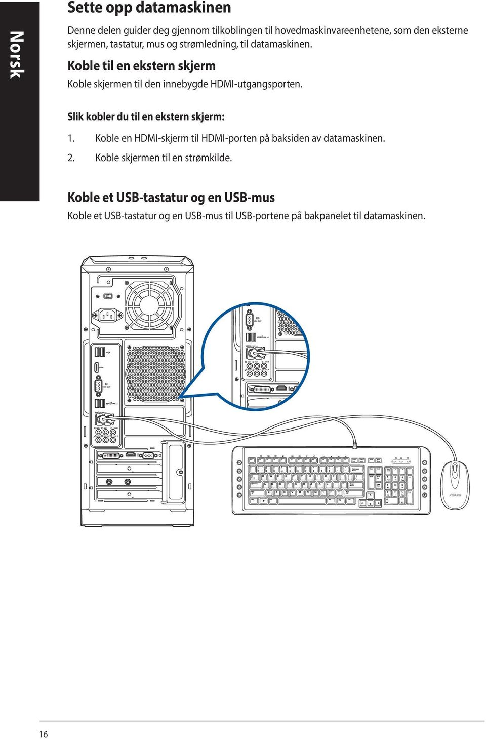 Slik kobler du til en ekstern skjerm: 1. Koble en HDMI-skjerm til HDMI-porten på baksiden av datamaskinen. 2.