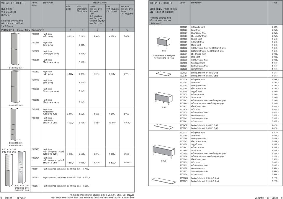 H:170 D:35 6 993,- 7 648,- 8 305,- 9 465,- 9 756,- 7001002 Høyt skap med skuffer B:30 H:170 D:45 7 709,- 8 363,- 9 021,- 10 180,- 10 471,- VARIANT 2 SKUFFER SITTEBENK, HVITT SKROG STØTTEBEN INKLUDERT