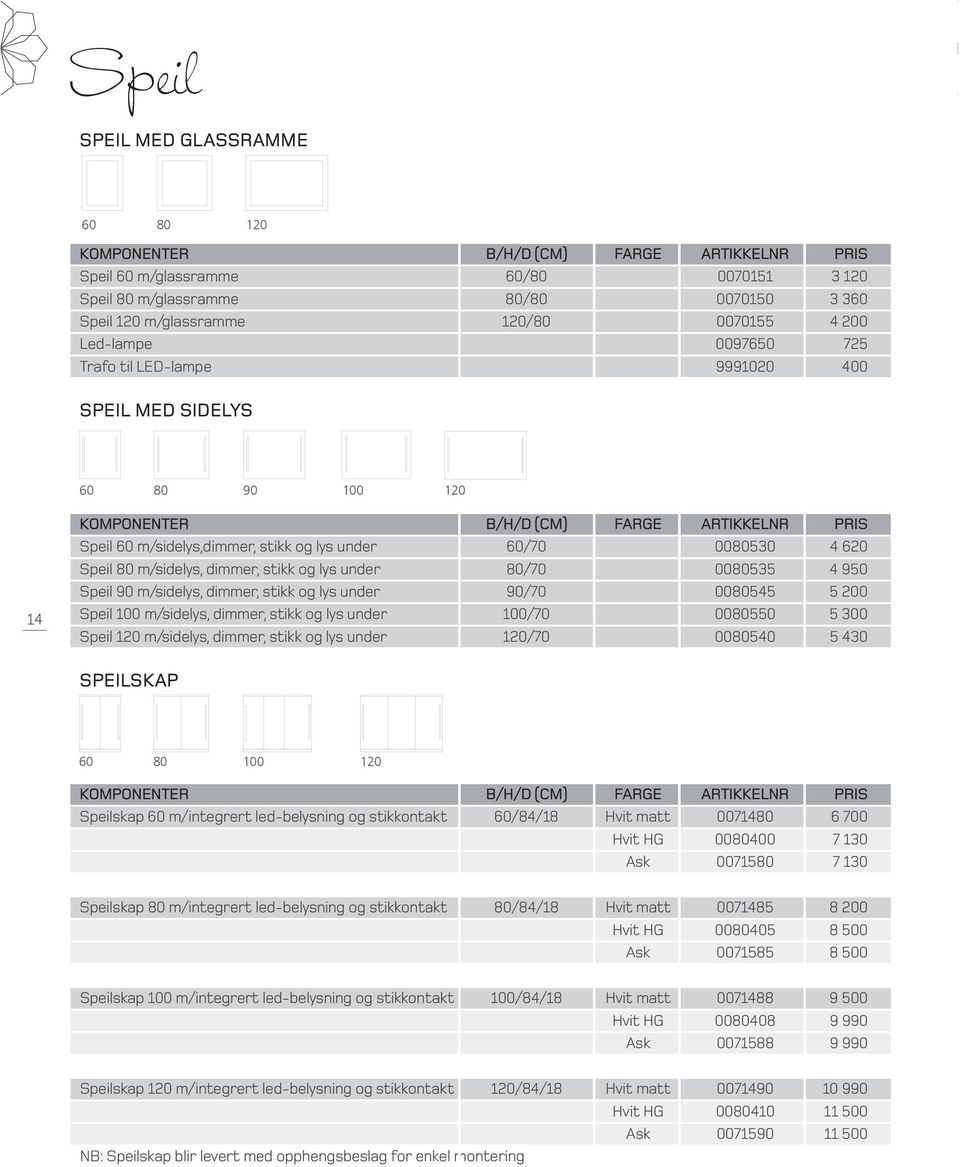 under 80/70 0080535 4 950 Speil 90 m/sidelys, dimmer, stikk og lys under 90/70 0080545 5 200 Speil 100 m/sidelys, dimmer, stikk og lys under 100/70 0080550 5 300 Speil 120 m/sidelys, dimmer, stikk og