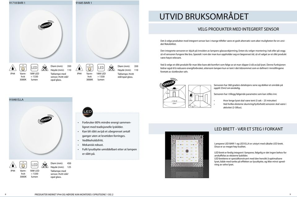 Spesielt i rom der man kun oppholder seg en begrenset tid, så vil valget av et slikt produkt være høyst relevant. Varmhvit 3000K 18W LED = 1330 lumen Diam (mm): 350 110 Taklampe med sensor.