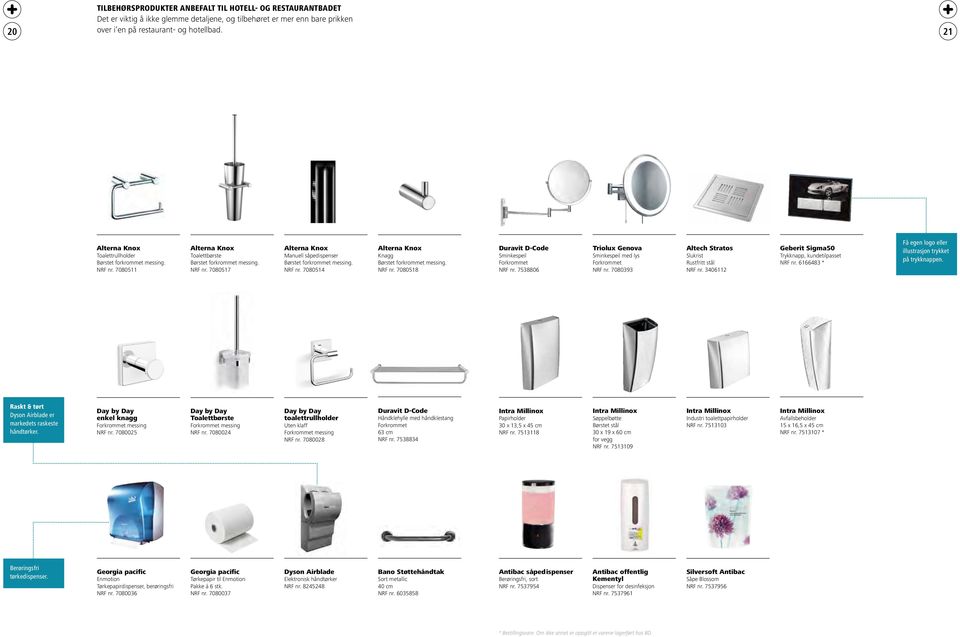 NRF nr. 708054 Alterna Knox Knagg Børstet forkrommet messing. NRF nr. 708058 Duravit D-Code Sminkespeil Forkrommet NRF nr. 7538806 Triolux Genova Sminkespeil med lys Forkrommet NRF nr.