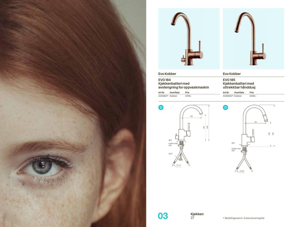 Kjøkkenbatteri med uttrekkbar hånddusj 4230602* Kobber