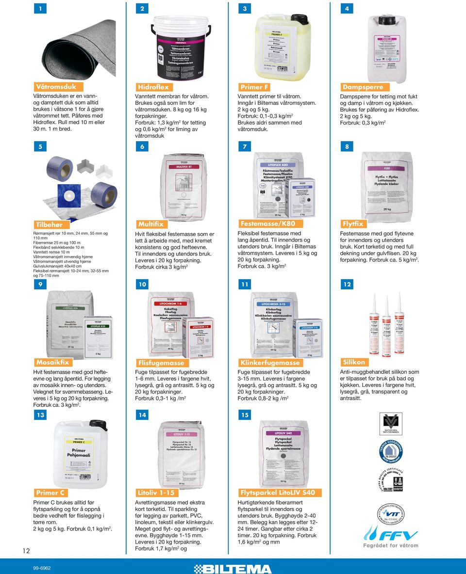 Forbruk: 1,3 kg/m 2 for tetting og 0,6 kg/m 2 for liming av våtromsduk Vanntett primer til våtrom. Inngår i Biltemas våtromsystem. 2 kg og 5 kg.