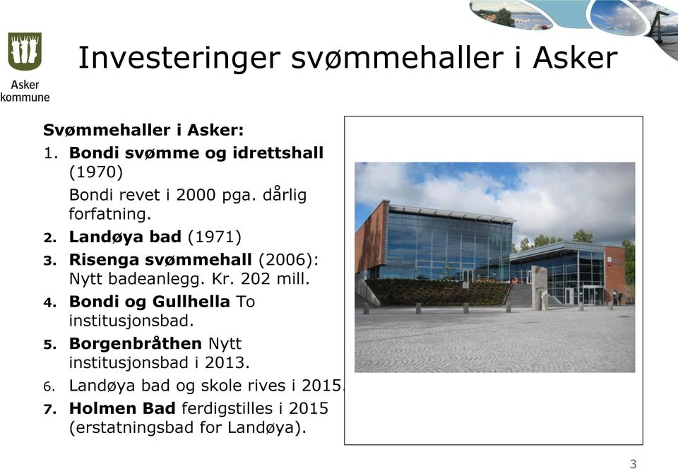 Risenga svømmehall (2006): Nytt badeanlegg. Kr. 202 mill. 4. Bondi og Gullhella To institusjonsbad. 5.