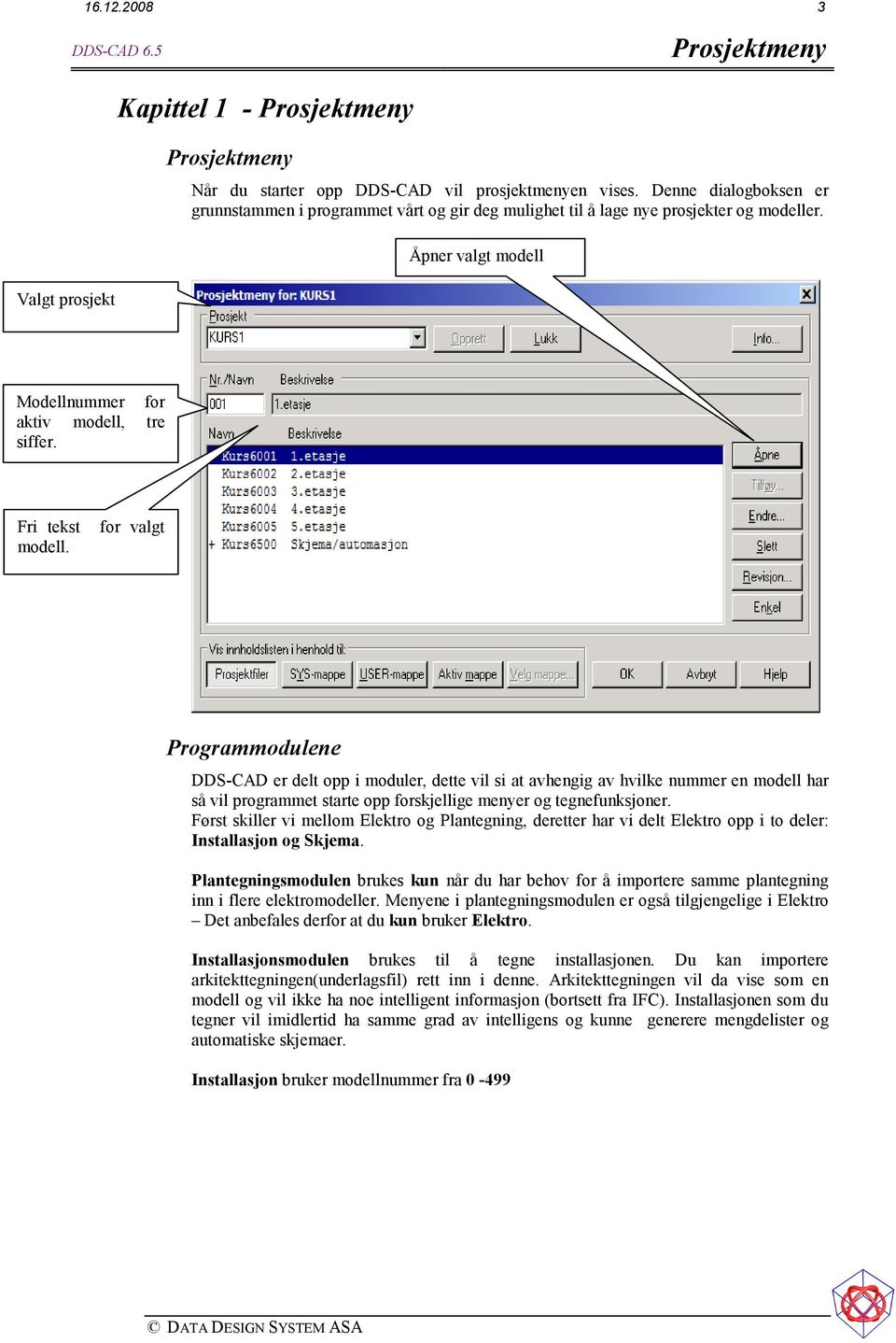 Fri tekst modell. for valgt Programmodulene DDS-CAD er delt opp i moduler, dette vil si at avhengig av hvilke nummer en modell har så vil programmet starte opp forskjellige menyer og tegnefunksjoner.