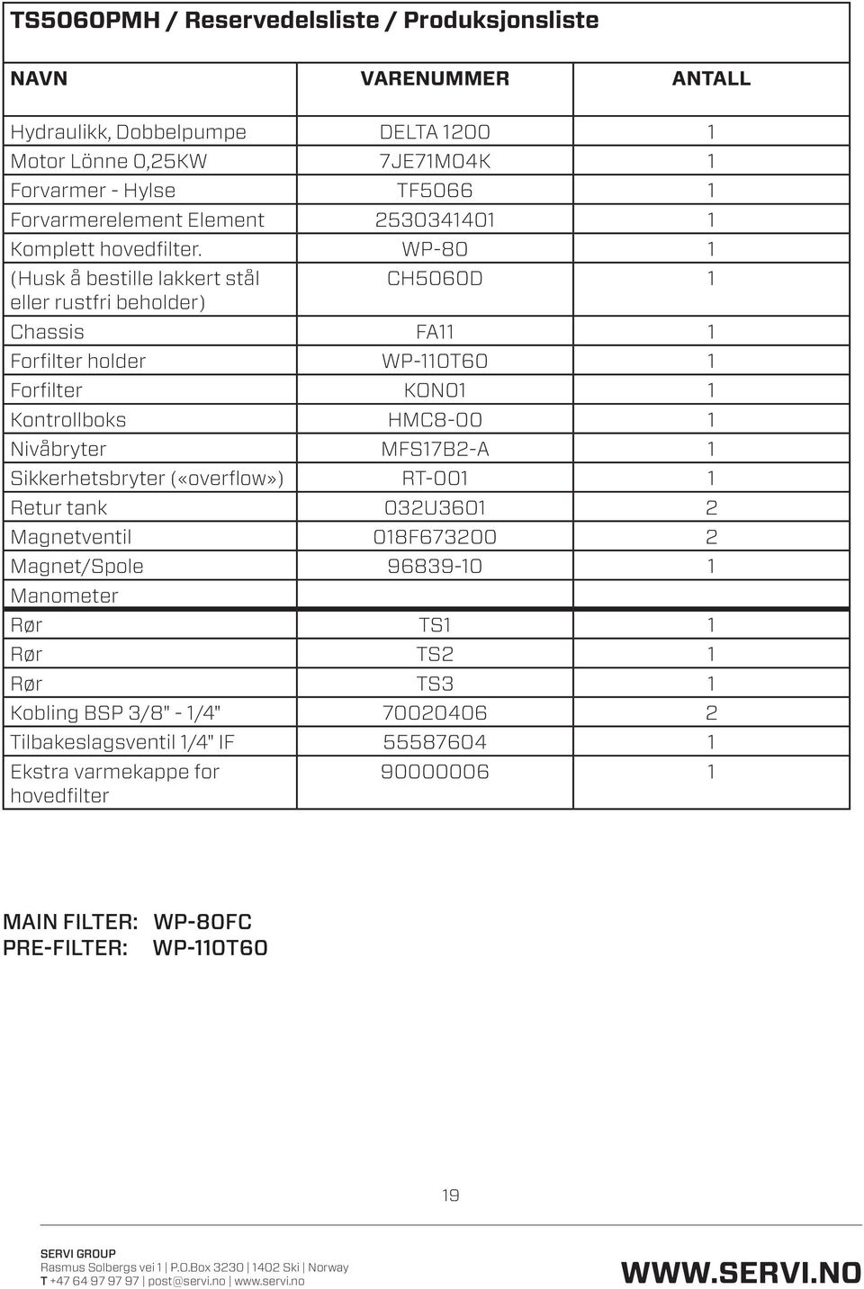 WP-80 1 (Husk å bestille lakkert stål eller rustfri beholder) CH5060D 1 Chassis FA11 1 Forfilter holder WP-110T60 1 Forfilter KON01 1 Kontrollboks HMC8-00 1 Nivåbryter MFS17B2-A 1