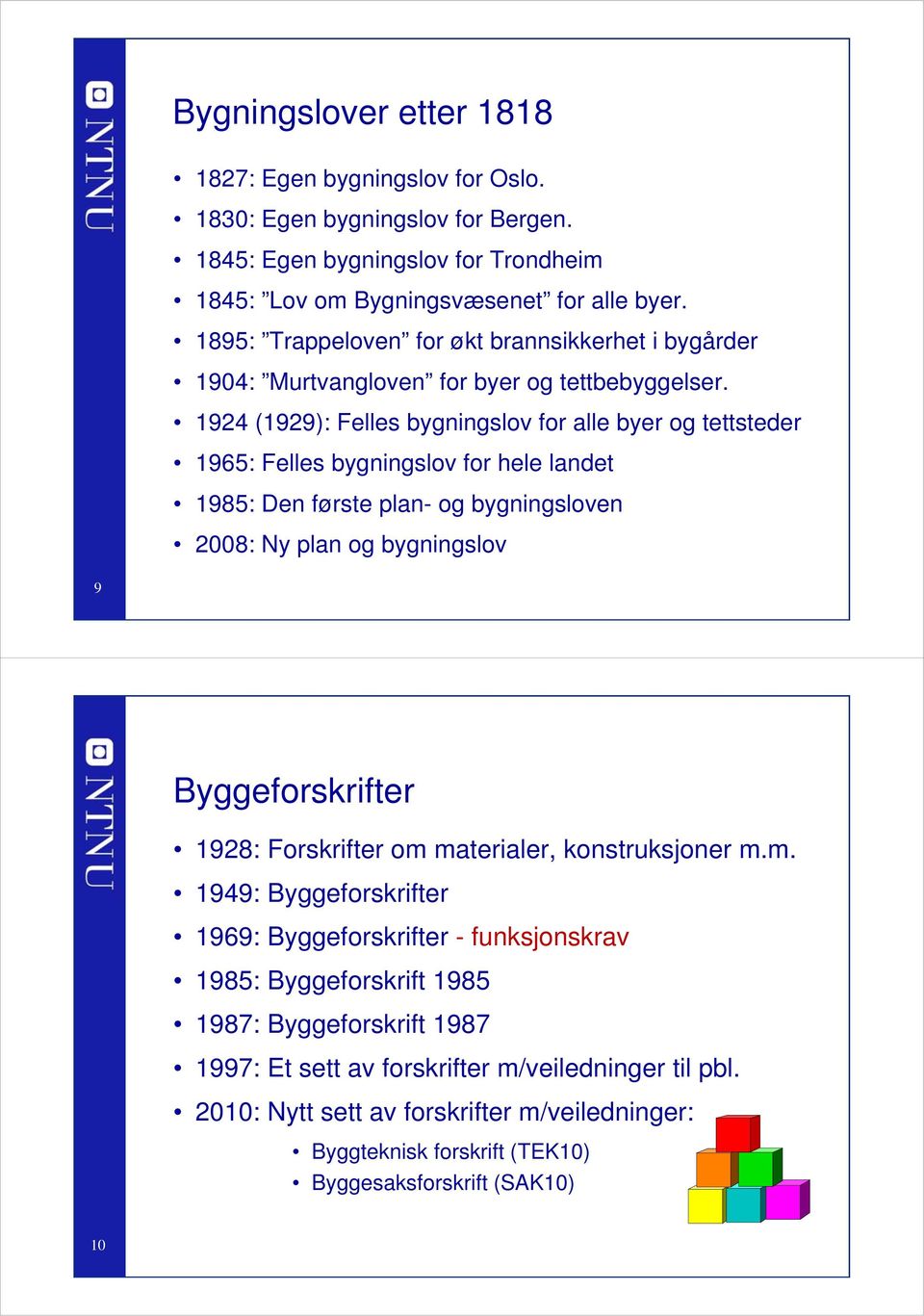 1924 (1929): Felles bygningslov for alle byer og tettsteder 1965: Felles bygningslov for hele landet 1985: Den første plan- og bygningsloven 2008: Ny plan og bygningslov 9 Byggeforskrifter 1928: