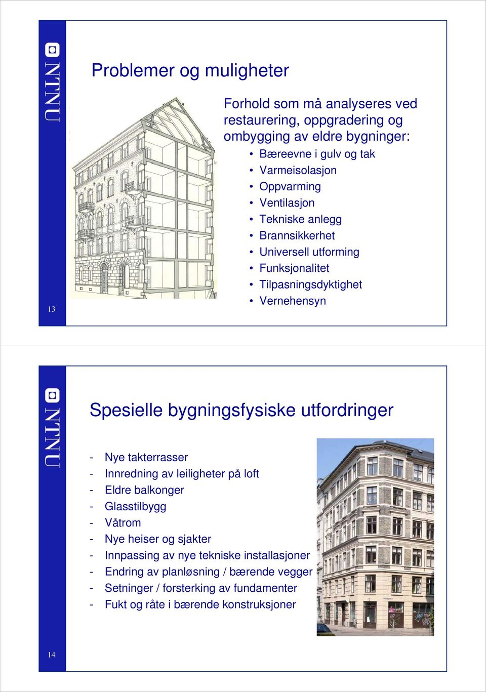 bygningsfysiske utfordringer - Nye takterrasser - Innredning av leiligheter på loft - Eldre balkonger - Glasstilbygg - Våtrom - Nye heiser og sjakter -