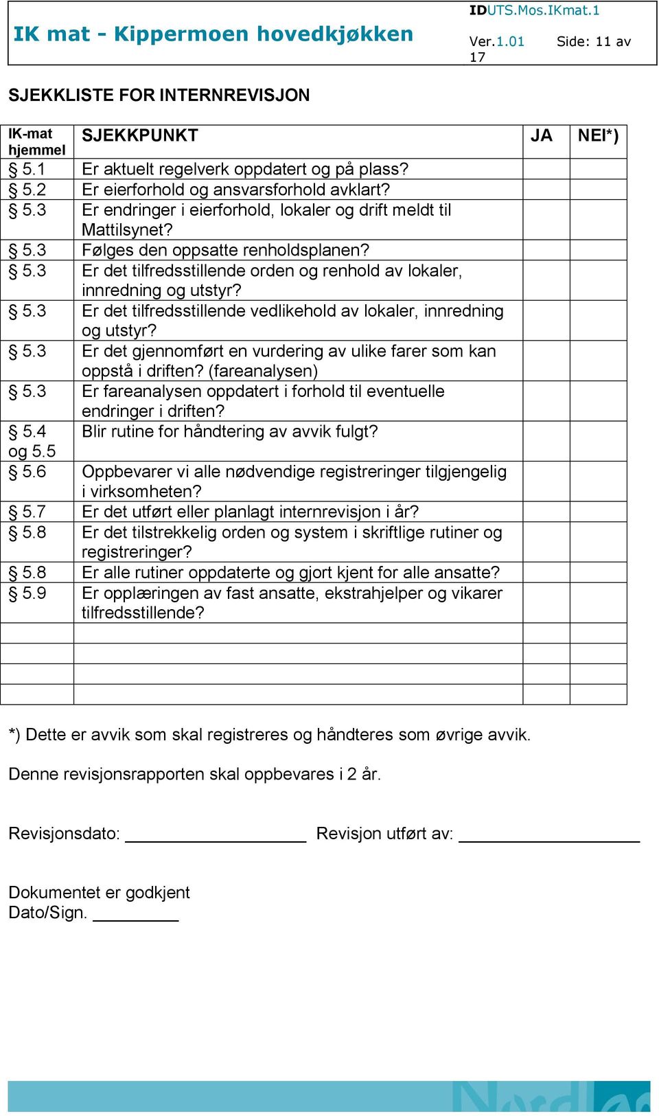 (fareanalysen) 5.3 Er fareanalysen oppdatert i forhold til eventuelle endringer i driften? 5.4 Blir rutine for håndtering av avvik fulgt? og 5.5 5.