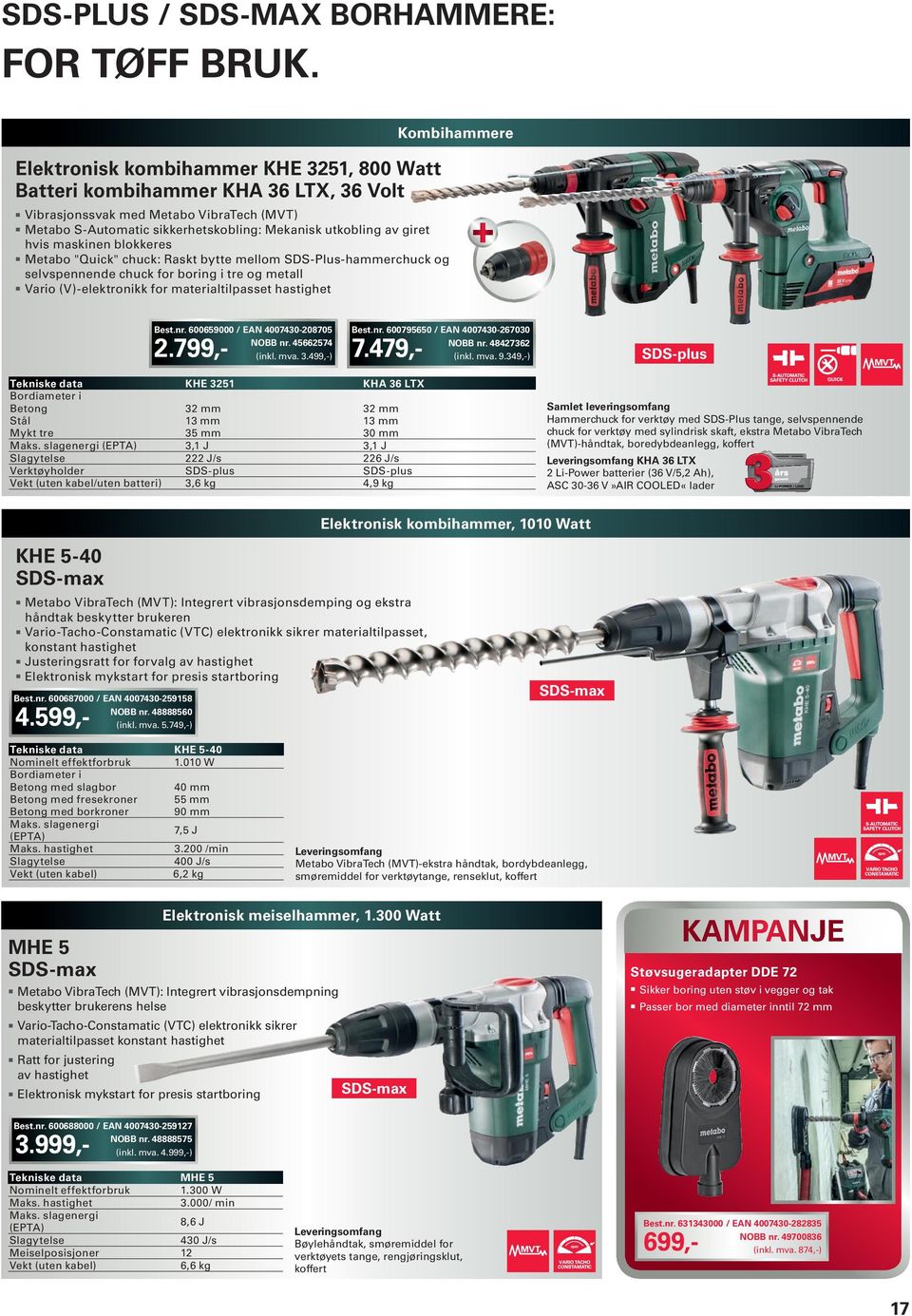 blokkeres Metabo "Quick" chuck: Raskt bytte mellom SDS-Plus-hammerchuck og selvspeede chuck for borig i tre og metall Vario (V)-elektroikk for materialtilpasset hastighet Kombihammere Best.r. 600659000 / EAN 4007430-208705 NOBB r.