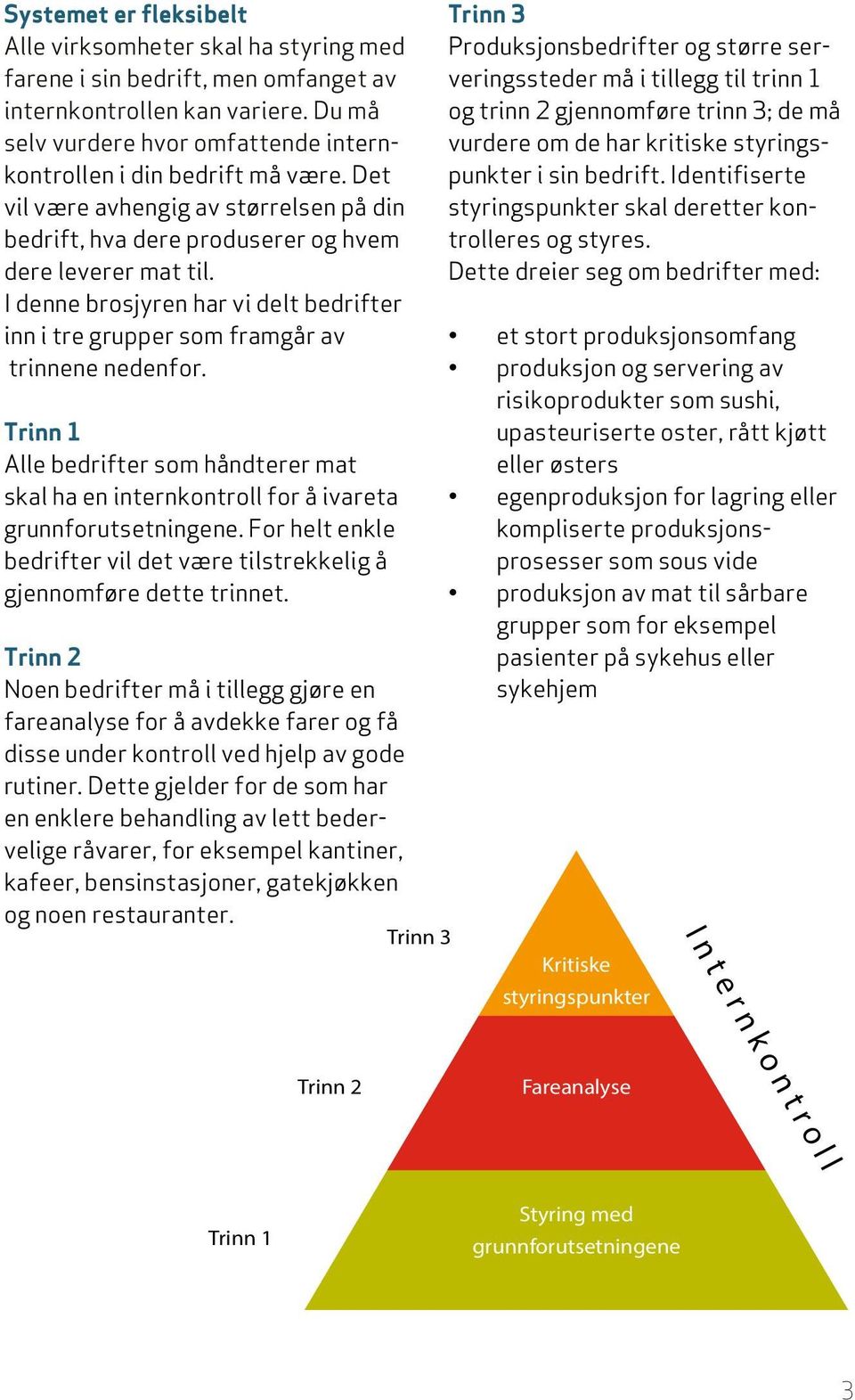 I denne brosjyren har vi delt bedrifter inn i tre grupper som framgår av trinnene nedenfor. Trinn 1 Alle bedrifter som håndterer mat skal ha en internkontroll for å ivareta grunnforutsetningene.