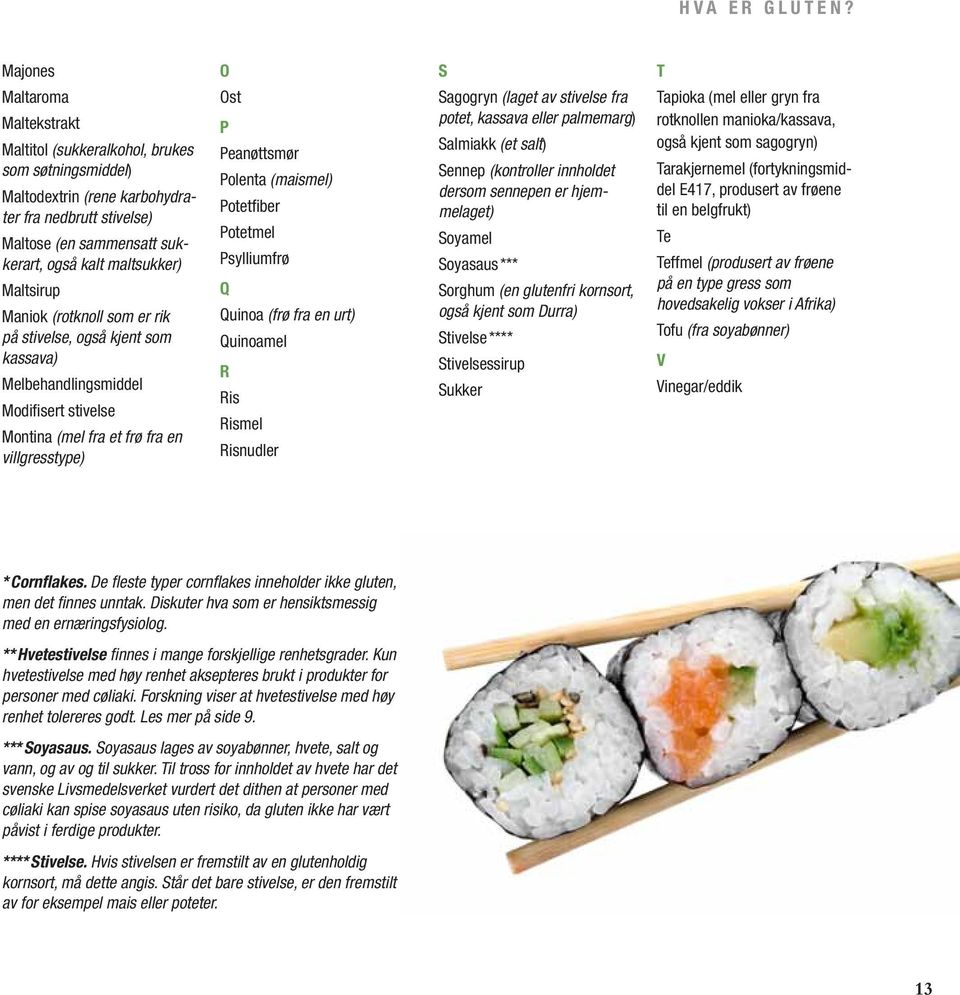 Maltsirup Maniok (rotknoll som er rik på stivelse, også kjent som kassava) Melbehandlingsmiddel Modifisert stivelse Montina (mel fra et frø fra en villgresstype) O Ost P Peanøttsmør Polenta (maismel)