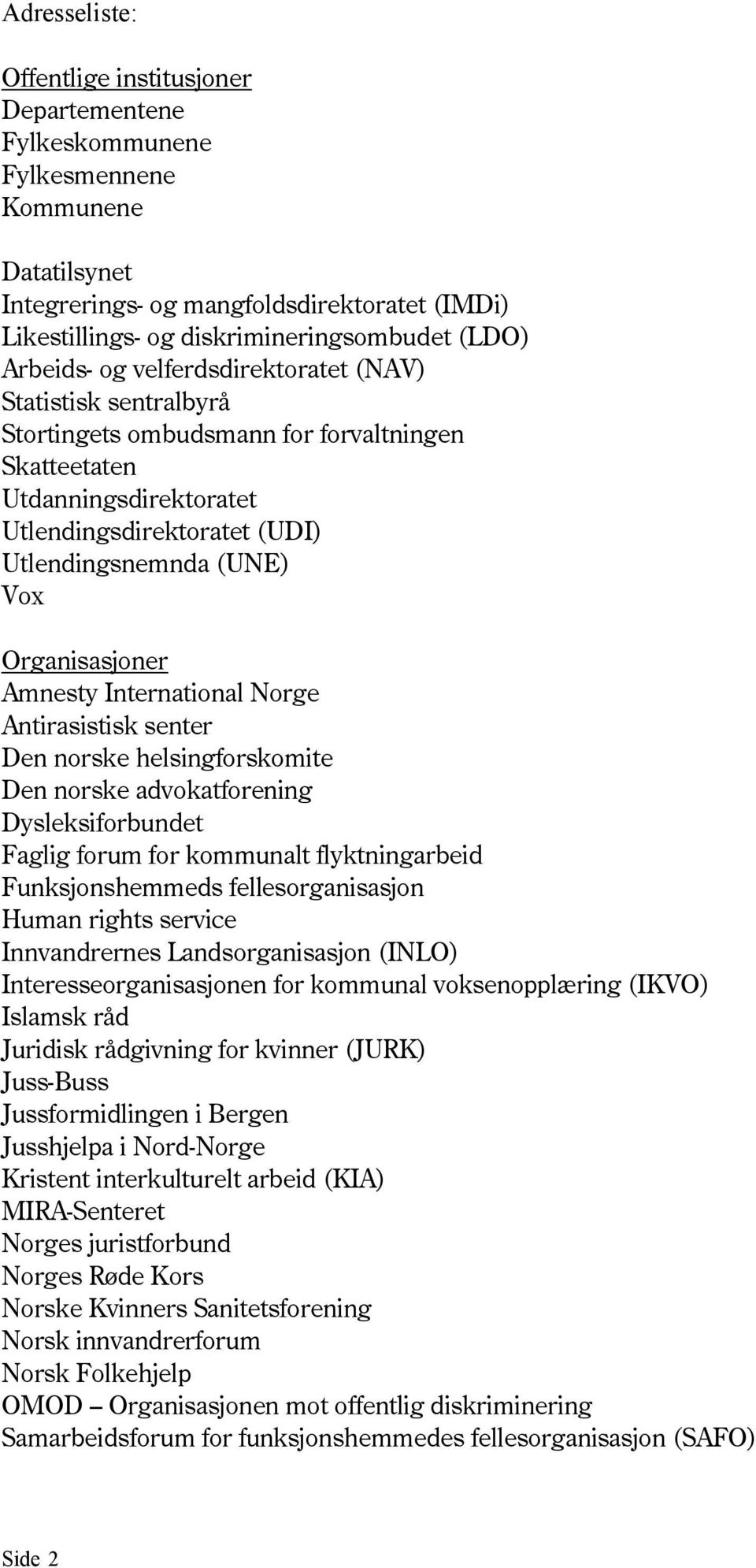 Organisasjoner Amnesty International Norge Antirasistisk senter Den norske helsingforskomite Den norske advokatforening Dysleksiforbundet Faglig forum for kommunalt flyktningarbeid Funksjonshemmeds