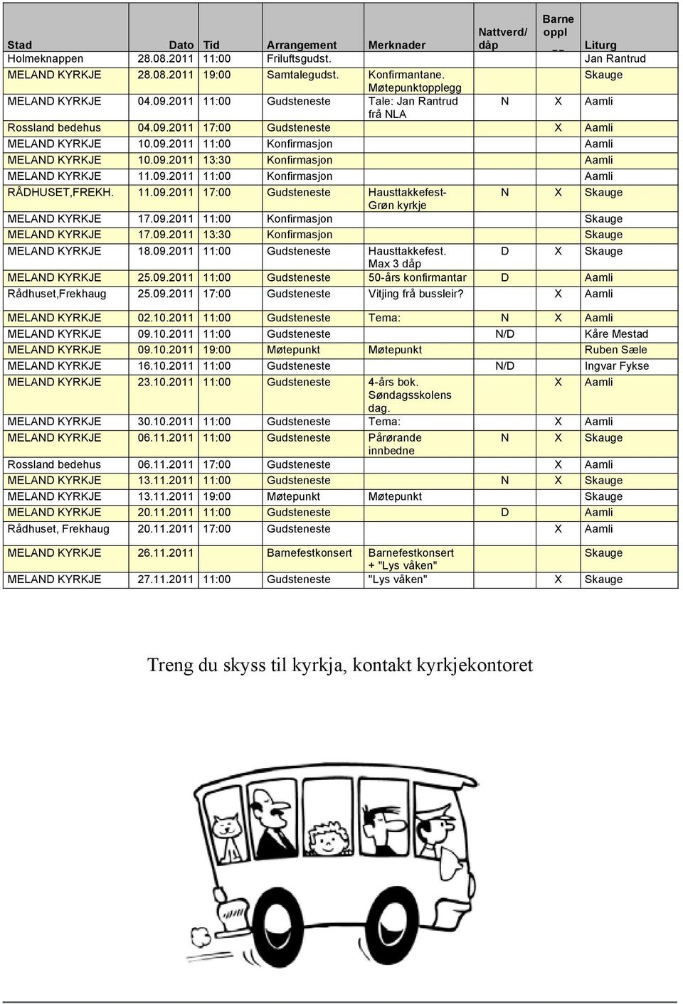 09.2011 13:30 Konfirmasjon Aamli MELAND KYRKJE 11.09.2011 11:00 Konfirmasjon Aamli RÅDHUSET,FREKH. 11.09.2011 17:00 Gudsteneste Hausttakkefest- N X Skauge Grøn kyrkje MELAND KYRKJE 17.09.2011 11:00 Konfirmasjon Skauge MELAND KYRKJE 17.