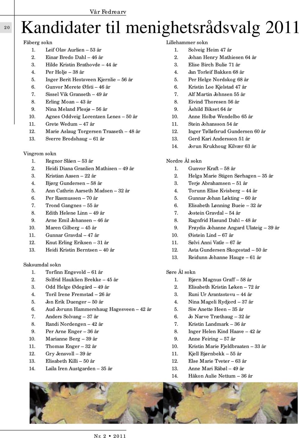 Grete Wedum 47 år 12. Marie Aslaug Torgersen Traaseth 48 år 13. Sverre Brodshaug 61 år Vingrom sokn 1. Regnor Slåen 53 år 2. Heidi Diana Granlien Mathisen 49 år 3. Kristian Aasen 22 år 4.