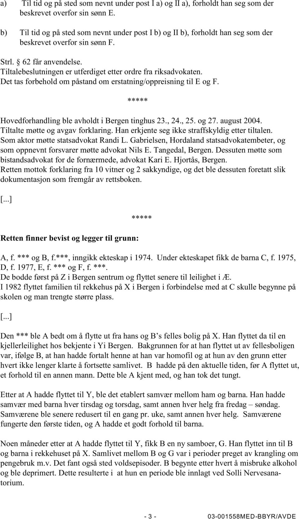 Tiltalebeslutningen er utferdiget etter ordre fra riksadvokaten. Det tas forbehold om påstand om erstatning/oppreisning til E og F. ***** Hovedforhandling ble avholdt i Bergen tinghus 23., 24., 25.