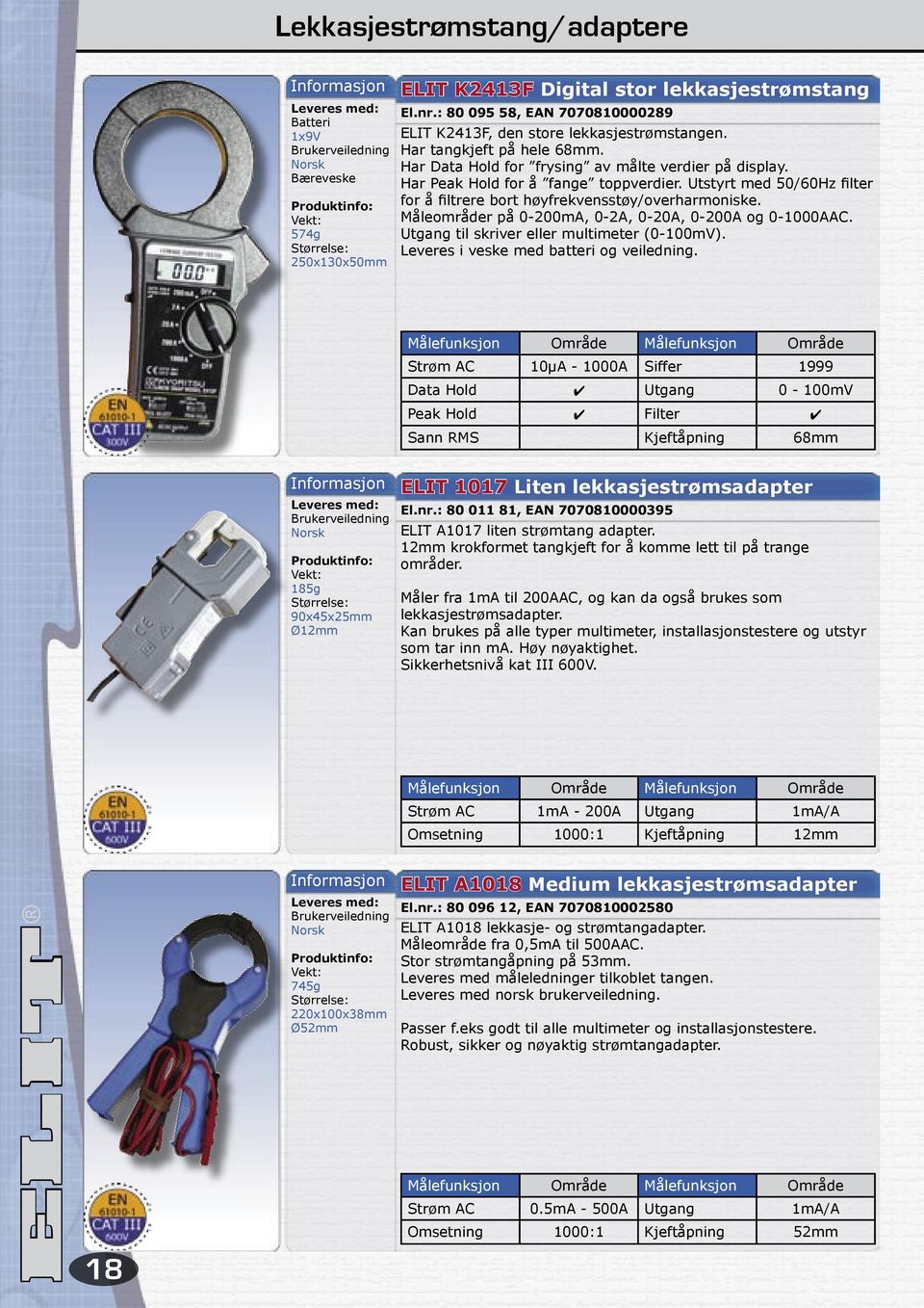 Måleområder på 0-200mA, 0-2A, 0-20A, 0-200A og 0-1000AAC. Utgang til skriver eller multimeter (0-100mV). Leveres i veske med batteri og veiledning.