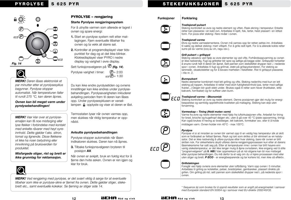 PYROLYSE rengjøring Starte Pyrolyse rengjøringssystem For å utnytte varmen som allerede er lagret i ovnen og spare energi: 1. Start en pyrolyse system rett etter matlagingen.