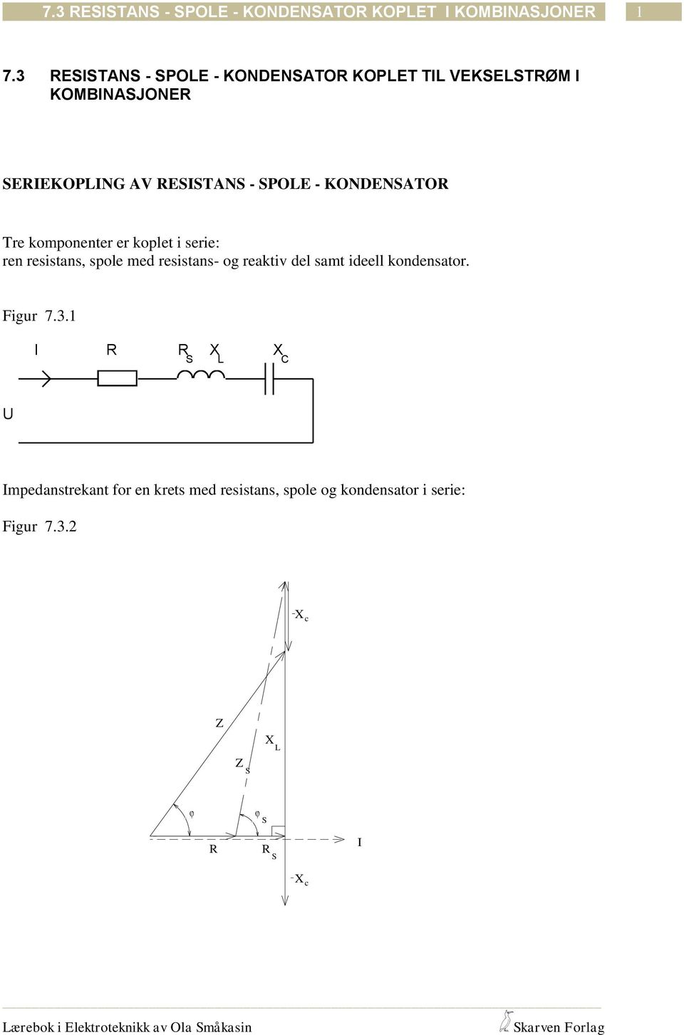 koplet i serie: ren resistans, spole med resistans- og reaktiv del samt ideell kondensator. Figur 7.3.