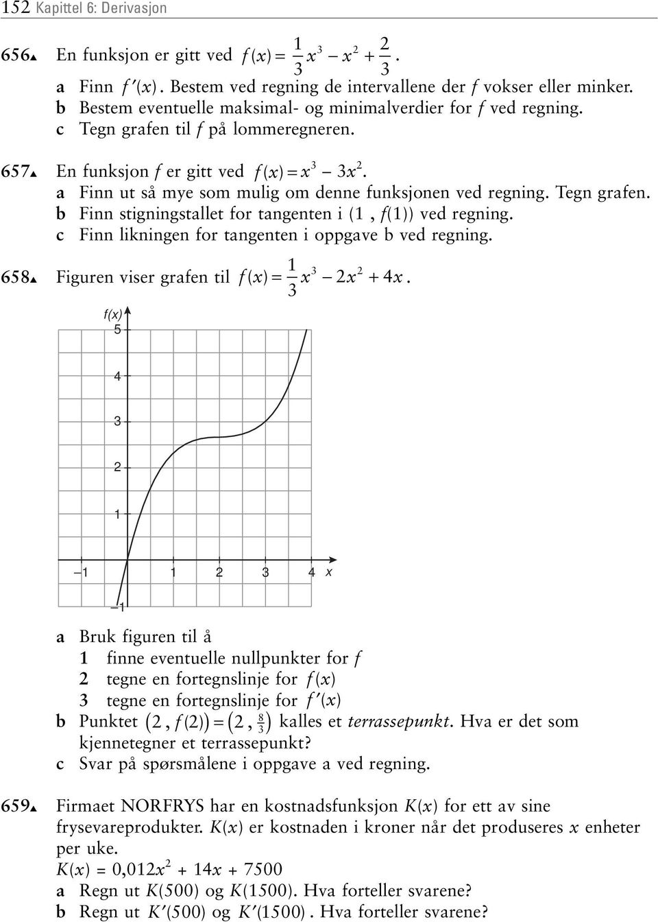 f()) ved regning c Finn likningen for tangenten i oppgave b ved regning 658 3 Figuren viser grafen til f ( )= + 4 3 f() 5 4 3 3 4 a Bruk figuren til å finne eventuelle nullpunkter for f tegne en