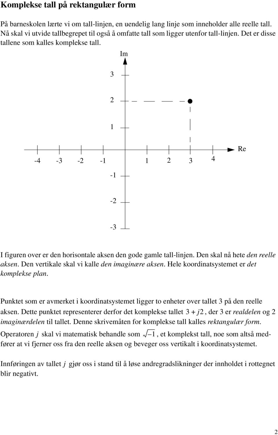 Im -4 - - - 4 Re - - - I figuren over er den horisontale aksen den gode gamle tall-linjen. Den skal nå hete den reelle aksen. Den vertikale skal vi kalle den imaginære aksen.