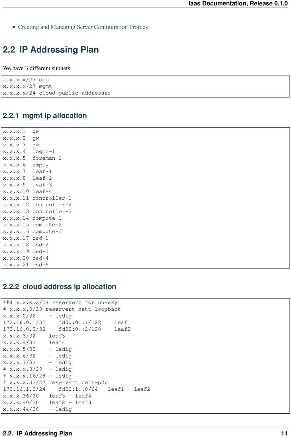 x.x.15 compute-2 x.x.x.16 compute-3 x.x.x.17 osd-1 x.x.x.18 osd-2 x.x.x.19 osd-3 x.x.x.20 osd-4 x.x.x.21 osd-5 2.2.2 cloud address ip allocation ### x.x.x.x/24 reservert for uh-sky # x.x.x.0/29 reservert nett-loopback x.