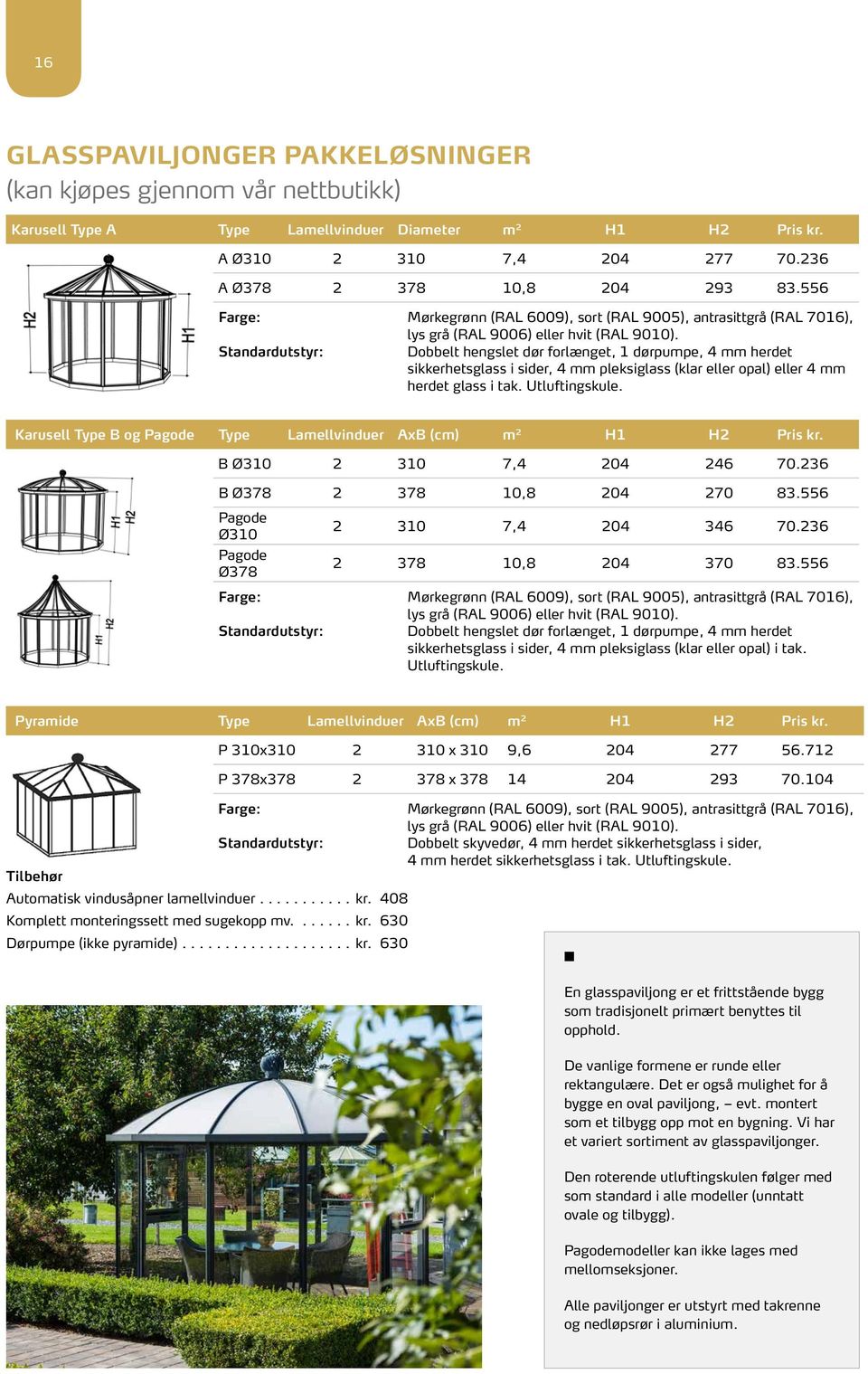 Dobbelt hengslet dør forlænget, 1 dørpumpe, 4 mm herdet sikkerhetsglass i sider, 4 mm pleksiglass (klar eller opal) eller 4 mm herdet glass i tak. Utluftingskule.