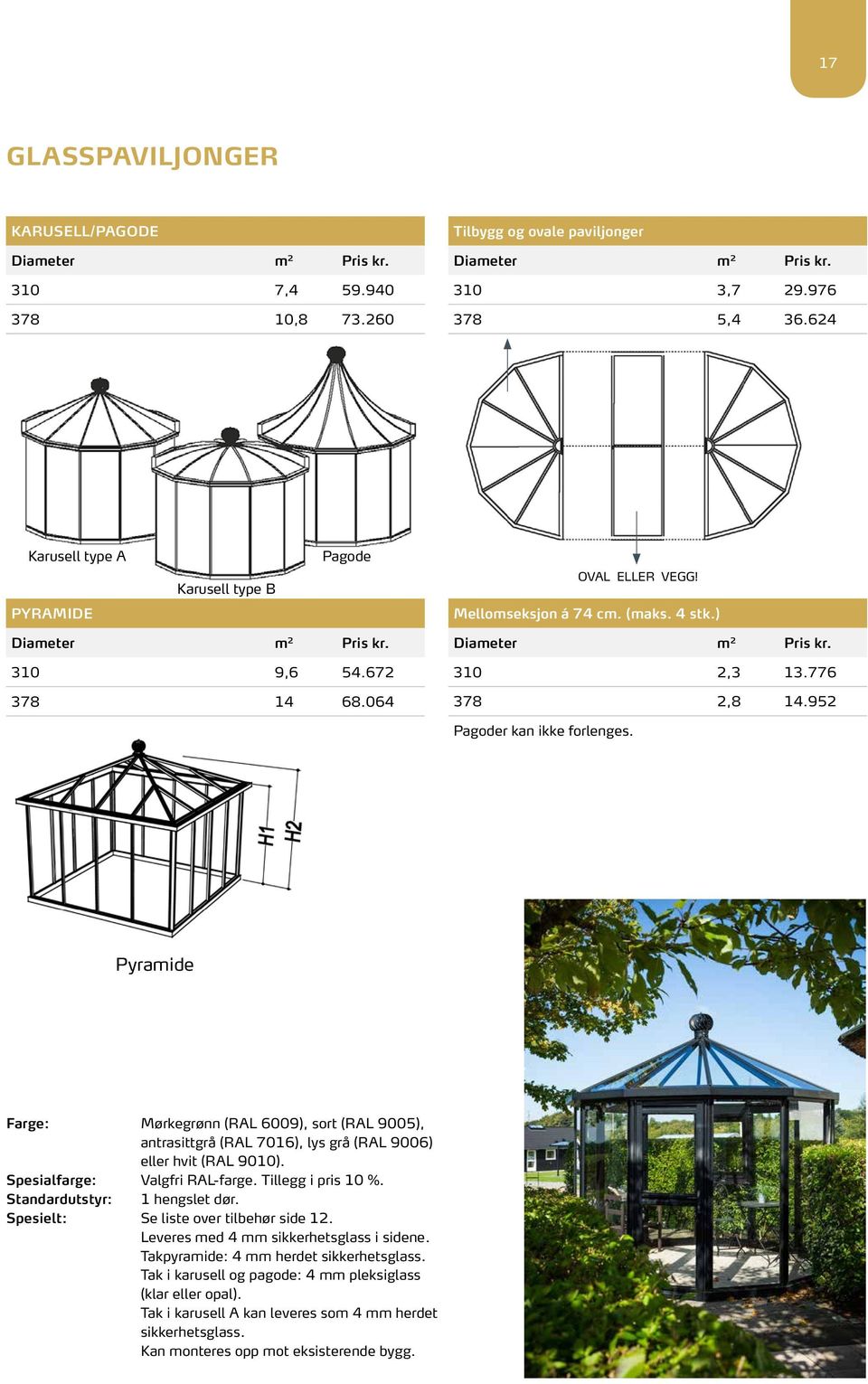 952 Pagoder kan ikke forlenges. Pyramide Farge: Mørkegrønn (RAL 6009), sort (RAL 9005), antrasittgrå (RAL 7016), lys grå (RAL 9006) eller hvit (RAL 9010). Spesialfarge: Valgfri RAL-farge.