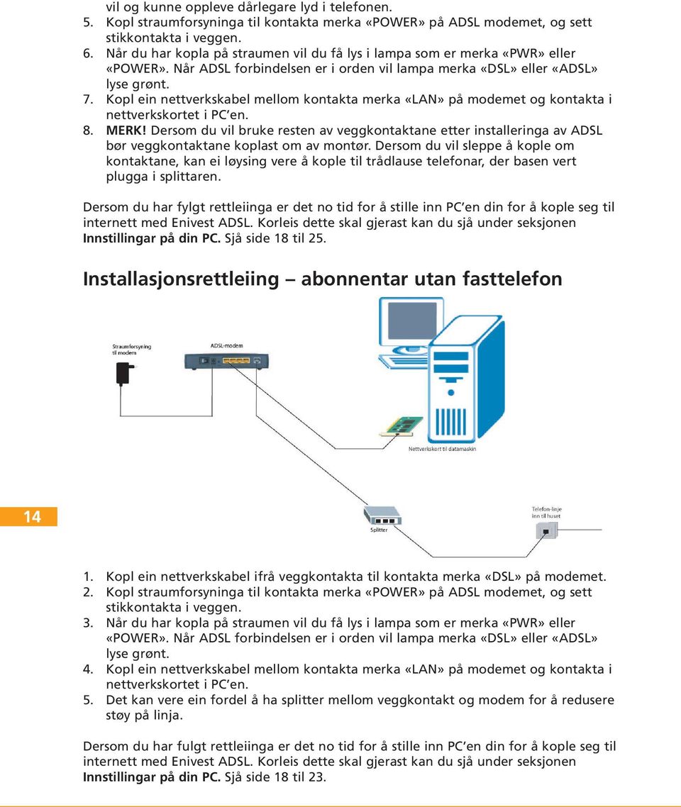 Kopl ein nettverkskabel mellom kontakta merka «LAN» på modemet og kontakta i nettverkskortet i PC en. 8. MERK!