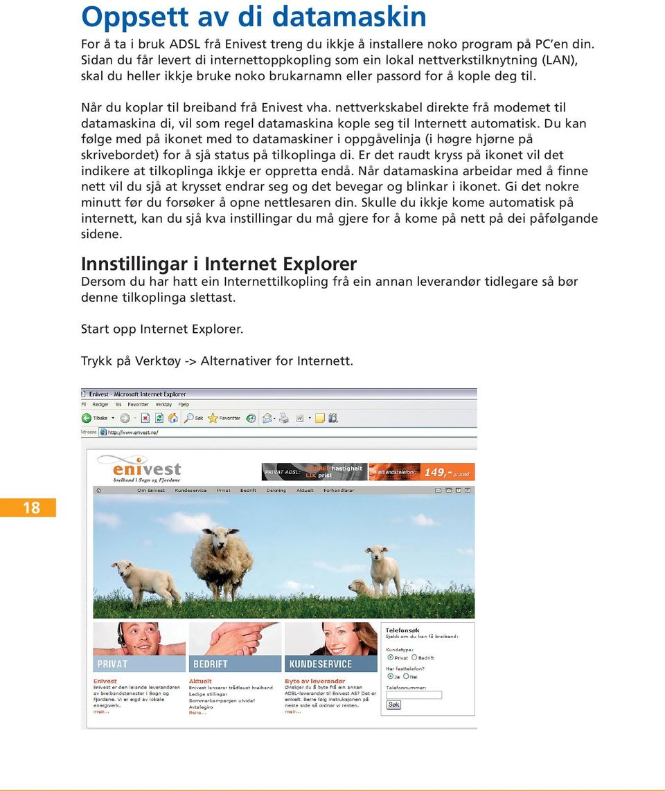 Når du koplar til breiband frå Enivest vha. nettverkskabel direkte frå modemet til datamaskina di, vil som regel datamaskina kople seg til Internett automatisk.