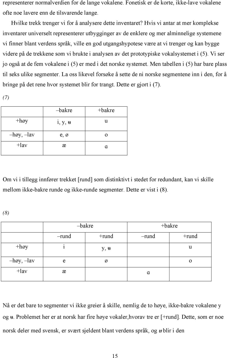 trenger og kan bygge videre på de trekkene som vi brukte i analysen av det prototypiske vokalsystemet i (5). Vi ser jo også at de fem vokalene i (5) er med i det norske systemet.