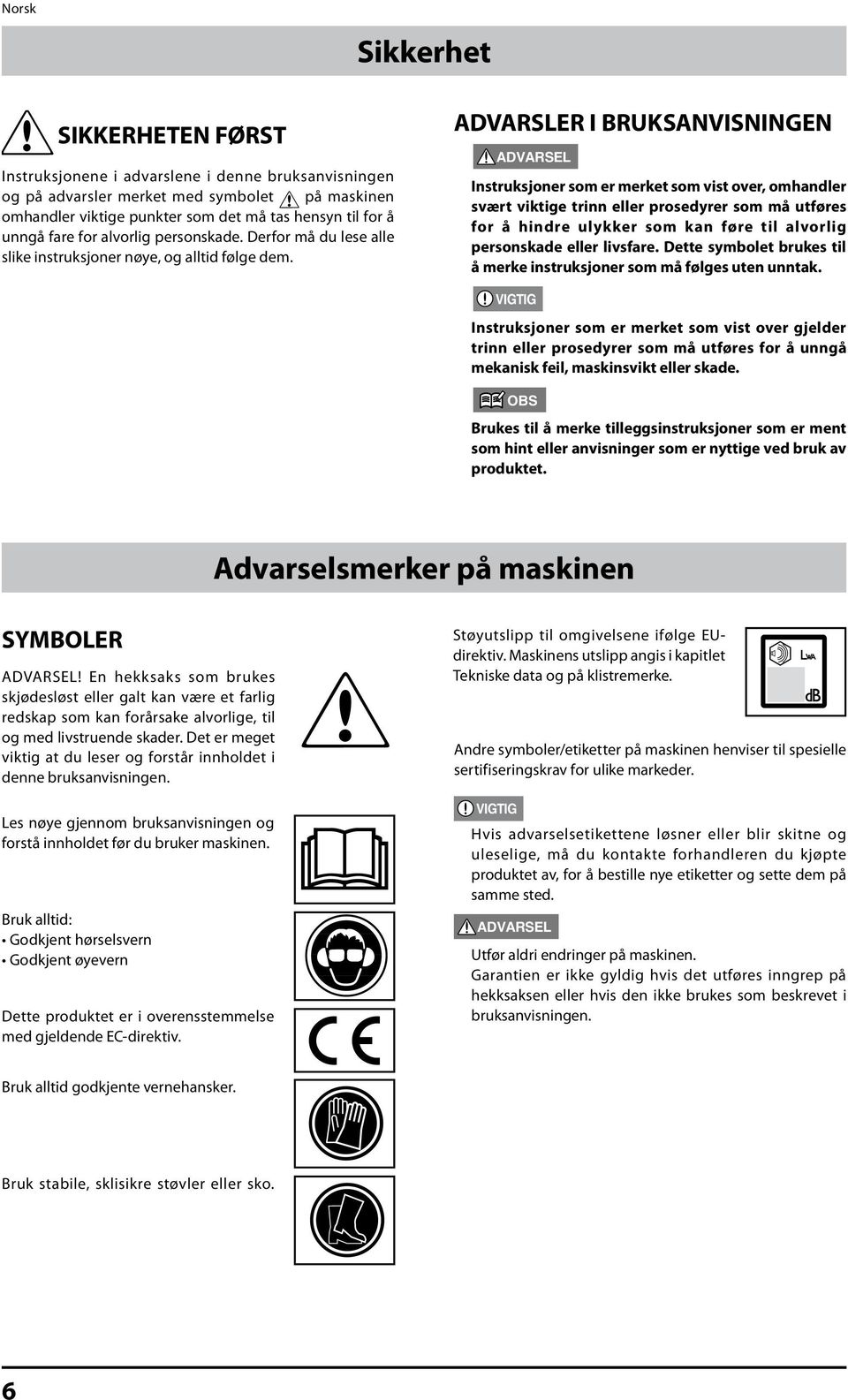 ADVARSLER I BRUKSANVISNINGEN Instruksjoner som er merket som vist over, omhandler svært viktige trinn eller prosedyrer som må utføres for å hindre ulykker som kan føre til alvorlig personskade eller